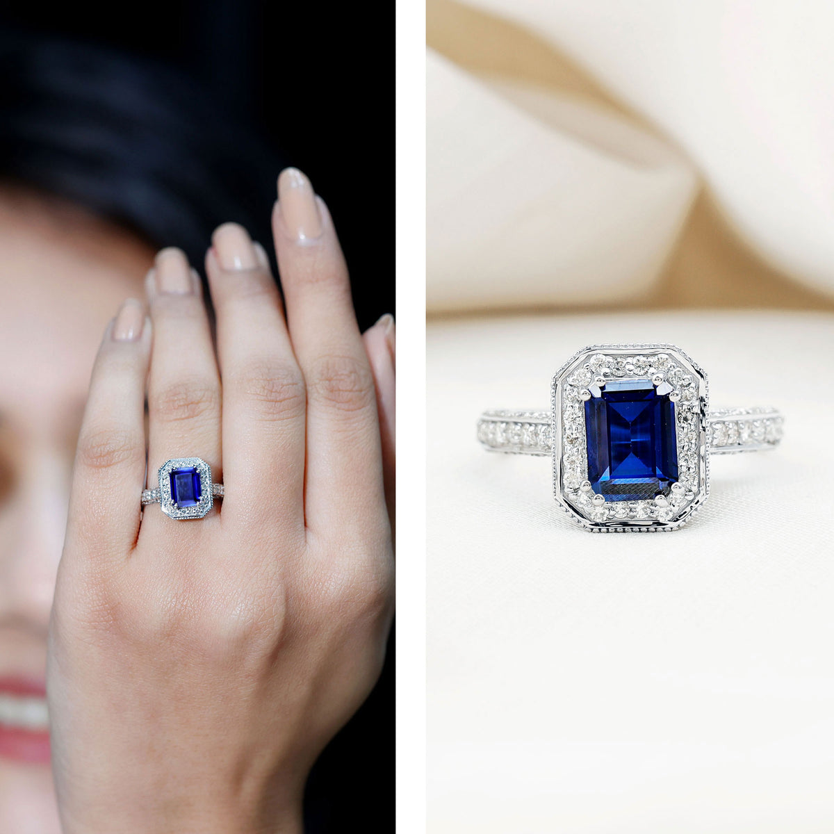 Certified 1.7 Carat Lab Grown Blue Sapphire Emerald Cut Engagement Ring with Diamond Halo AAAA - Rosec Jewels