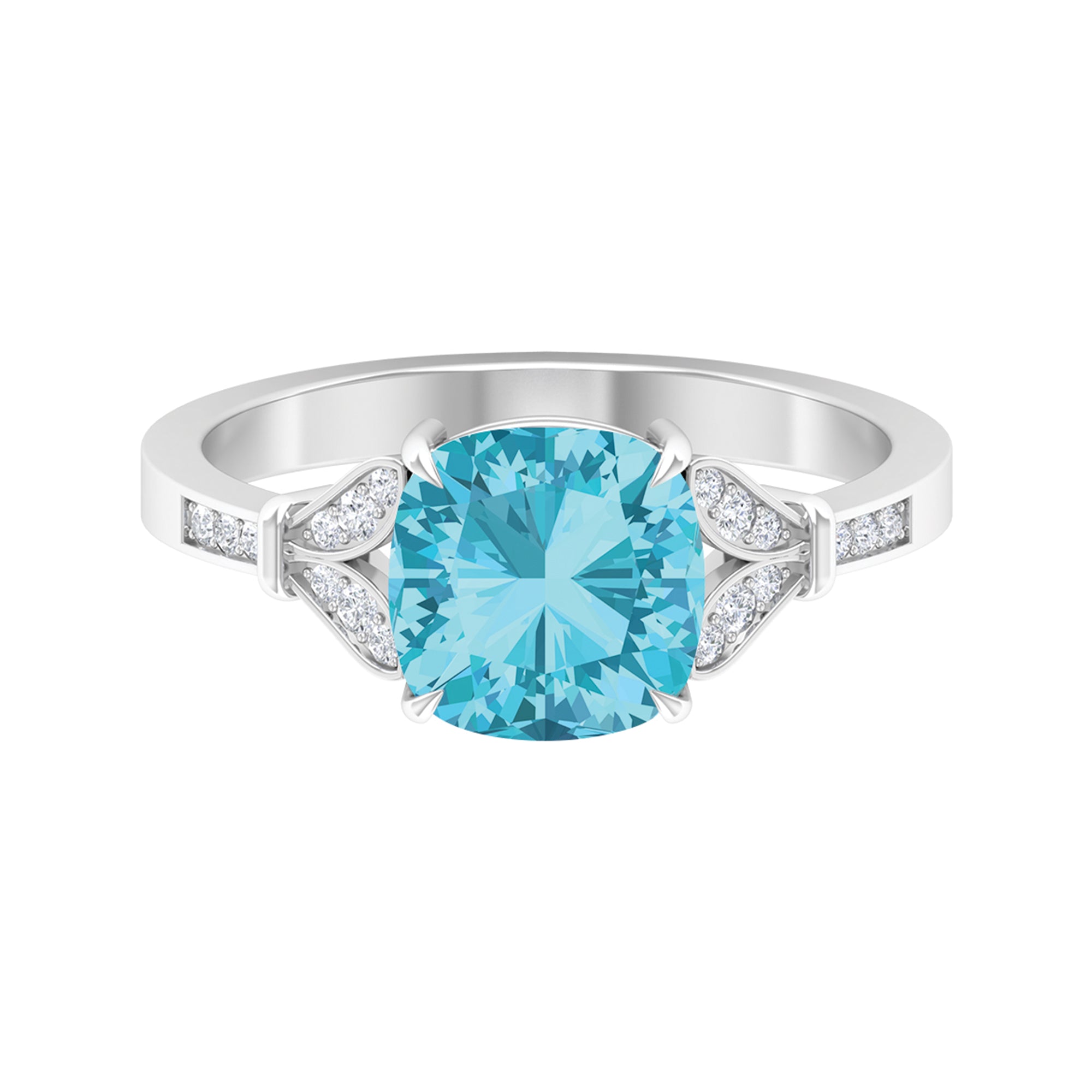 2.75 CT Cushion Cut Swiss Blue Topaz Solitaire with Diamond Side Stone Ring