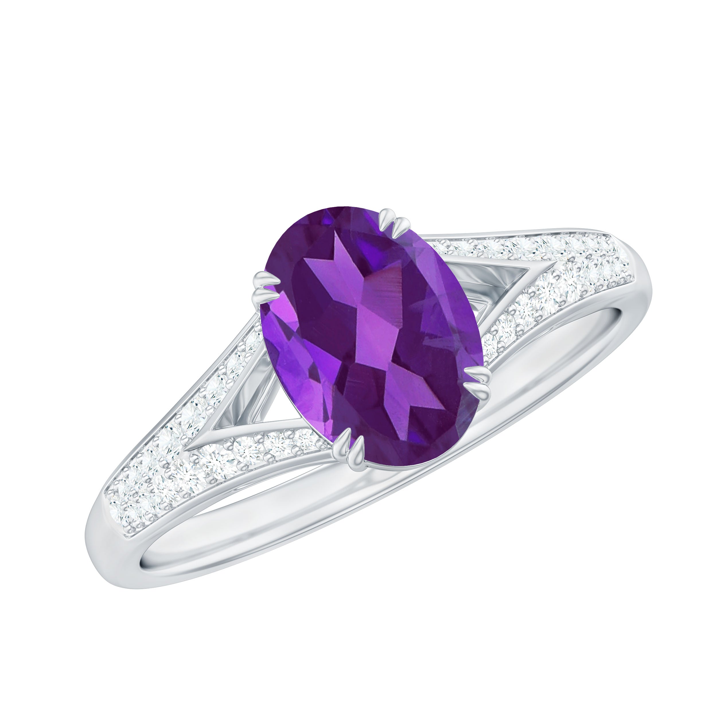 1.25 CT Split Shank Oval Amethyst Solitaire Engagement Ring with Diamond AAA - Rosec Jewels