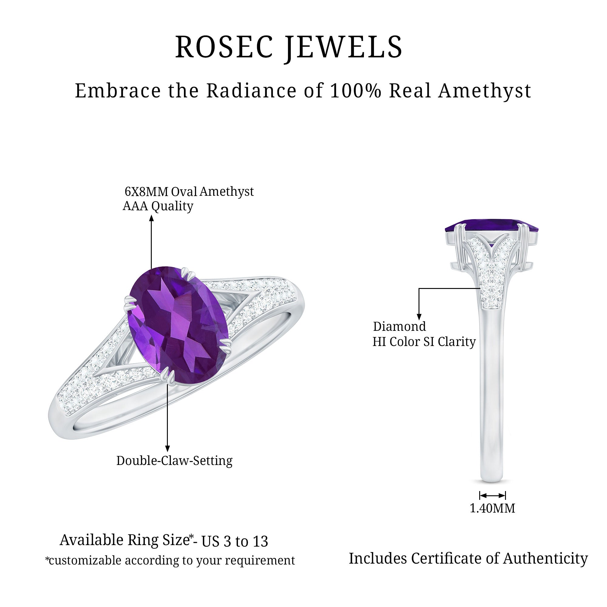 1.25 CT Split Shank Oval Amethyst Solitaire Engagement Ring with Diamond AAA - Rosec Jewels