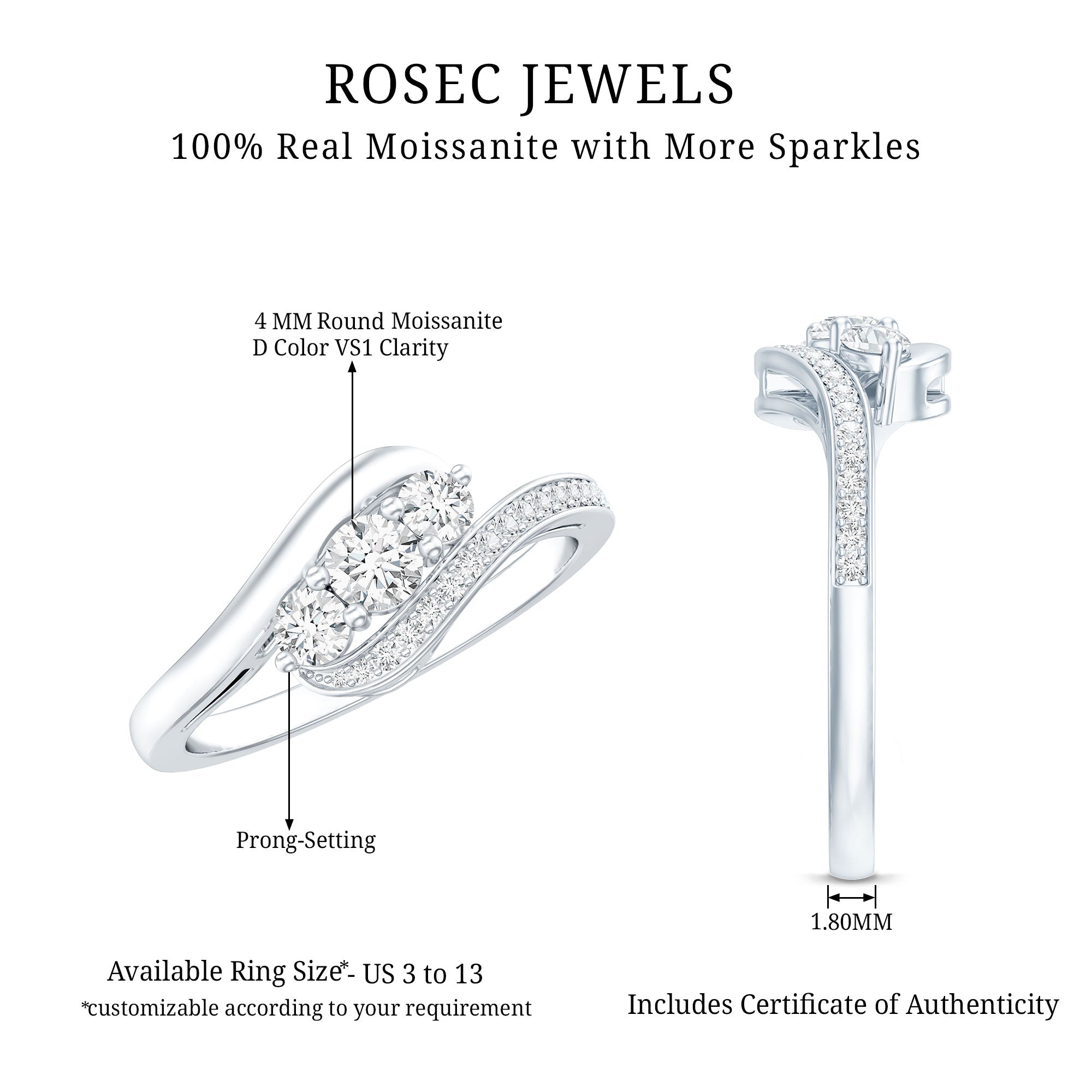 Certified Moissanite Three Stone Engagement Ring with Bypass Shank D-VS1 - Rosec Jewels