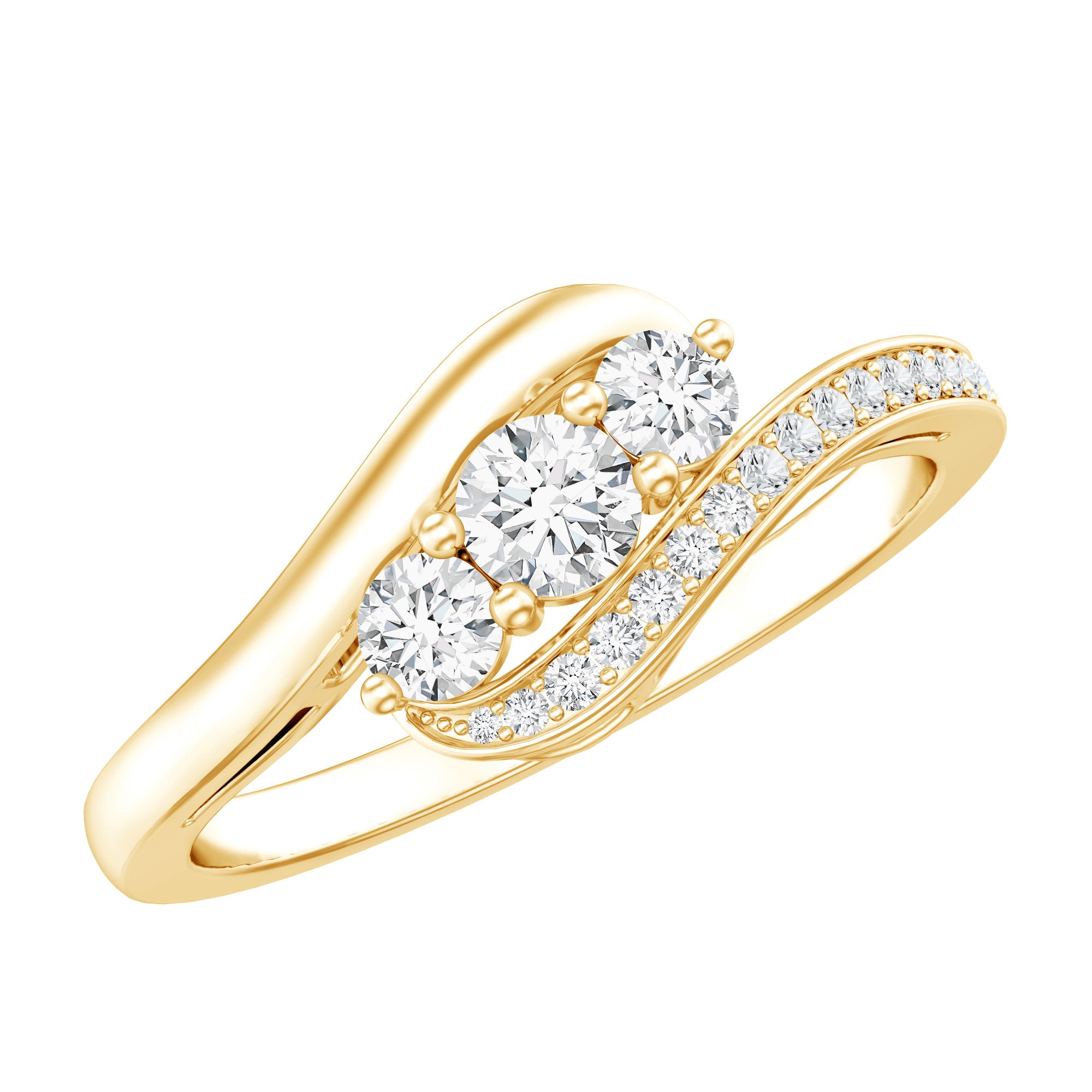 Certified Moissanite Three Stone Engagement Ring with Bypass Shank D-VS1 - Rosec Jewels