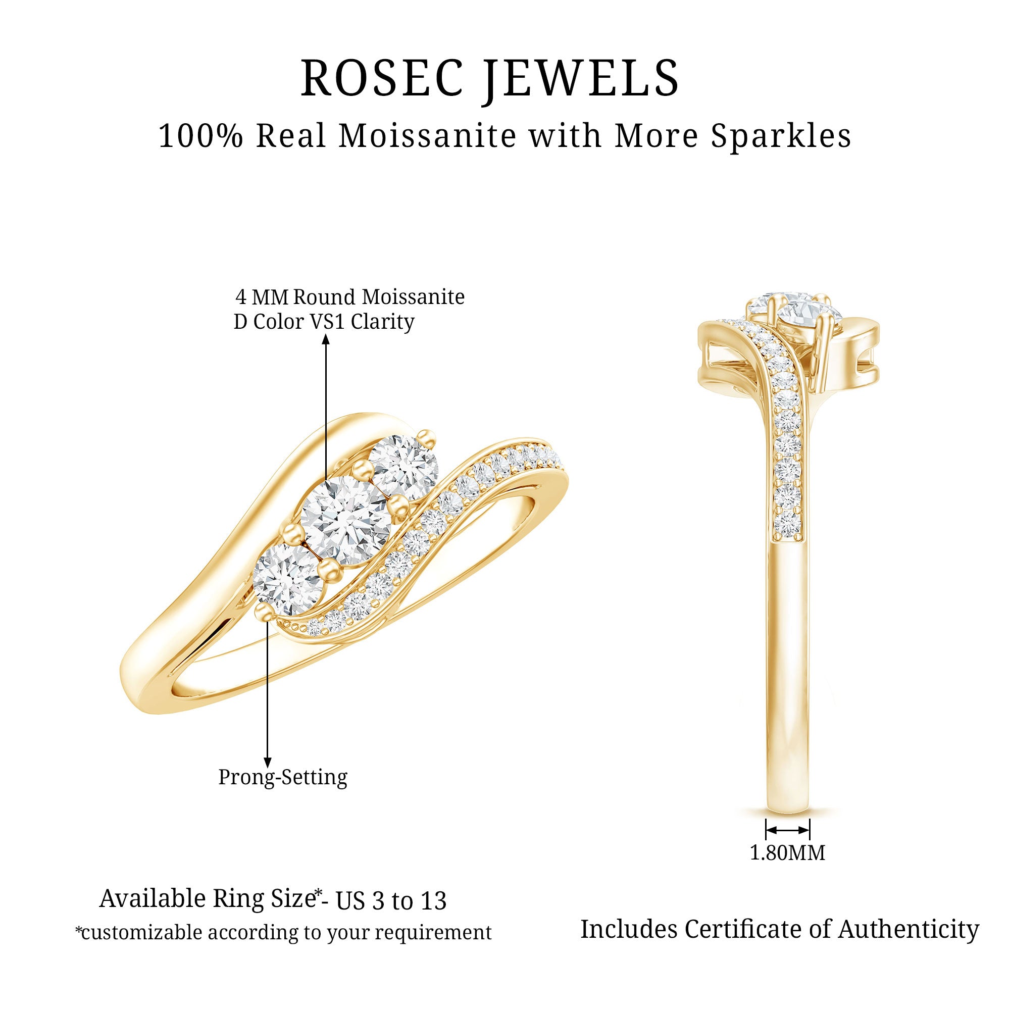 Certified Moissanite Three Stone Engagement Ring with Bypass Shank D-VS1 - Rosec Jewels