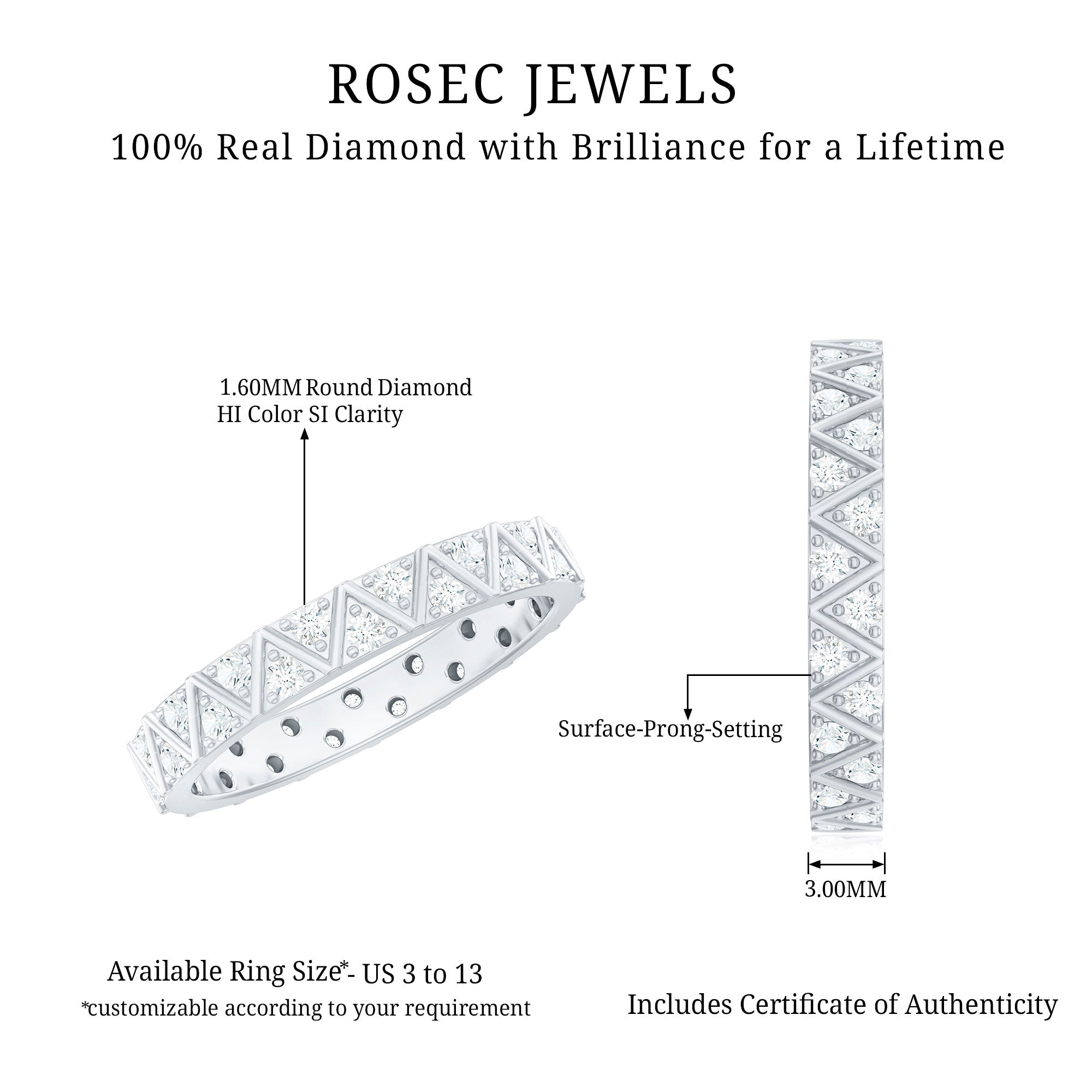Diamond Band Ring in Surface Prong Set Natural - ( HI-SI ) - Rosec Jewels