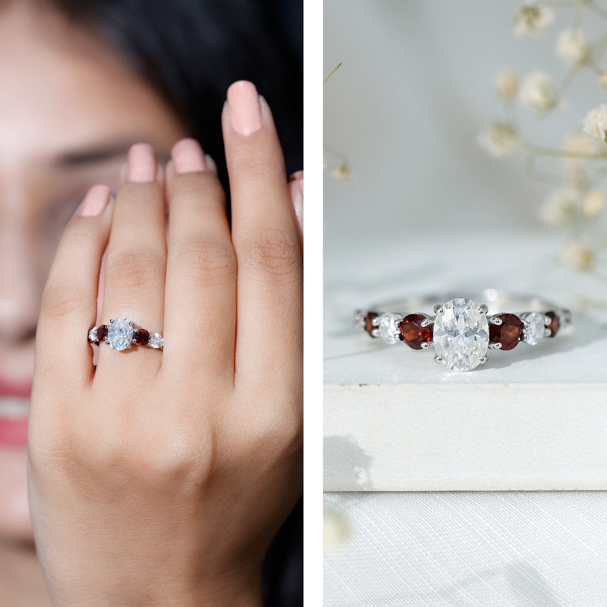 Moissanite 6X8 MM Oval Engagement Ring with Garnet D-VS1 - Rosec Jewels