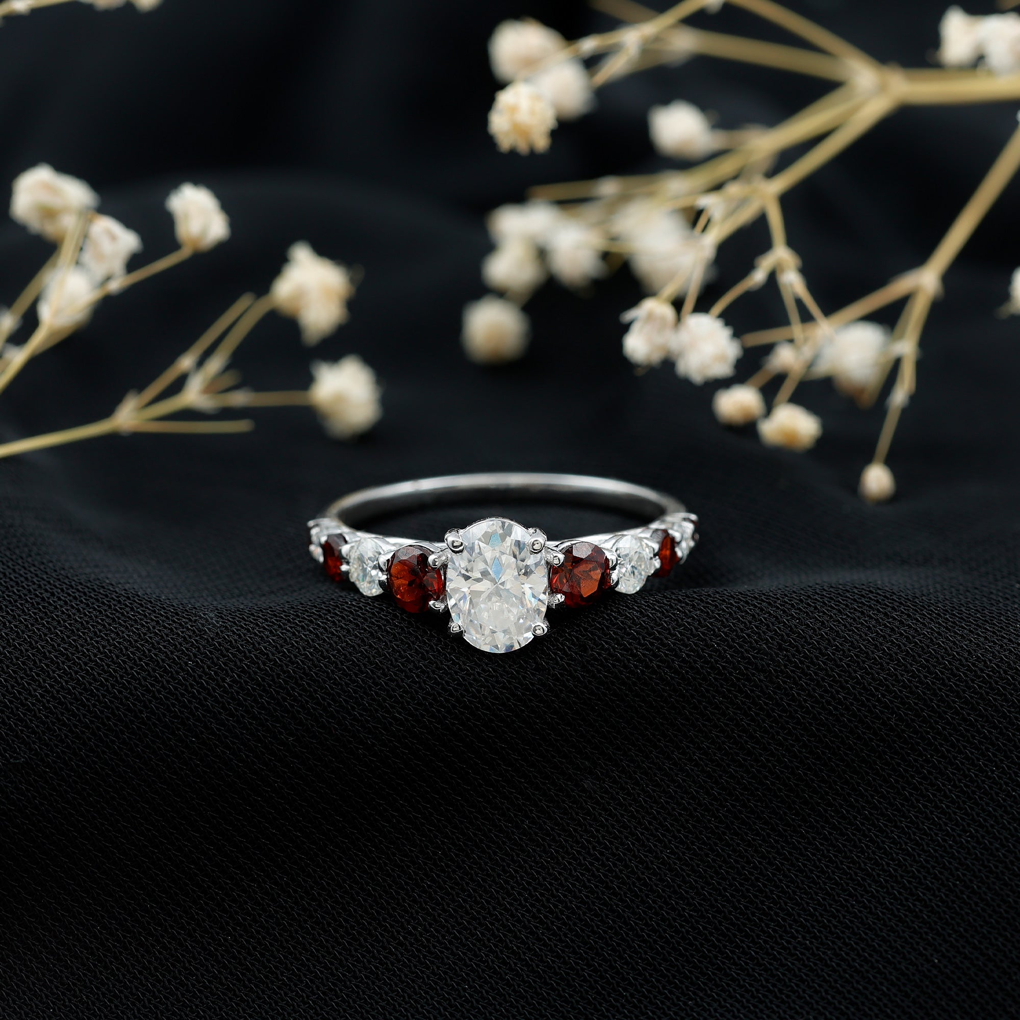 Moissanite 6X8 MM Oval Engagement Ring with Garnet D-VS1 - Rosec Jewels