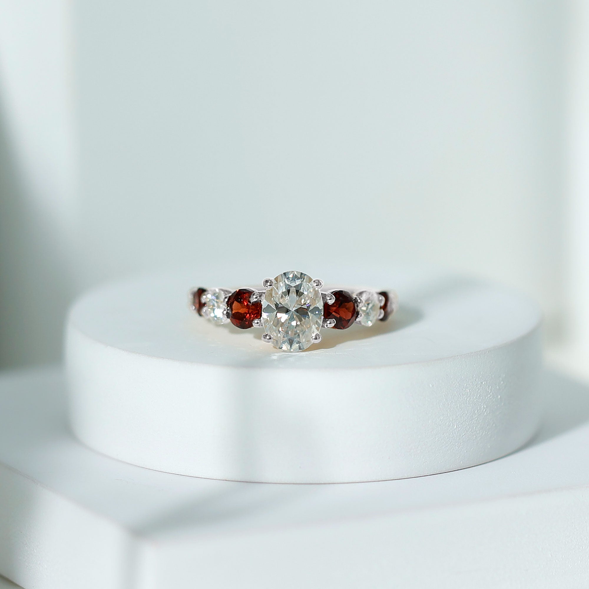 Moissanite 6X8 MM Oval Engagement Ring with Garnet D-VS1 - Rosec Jewels