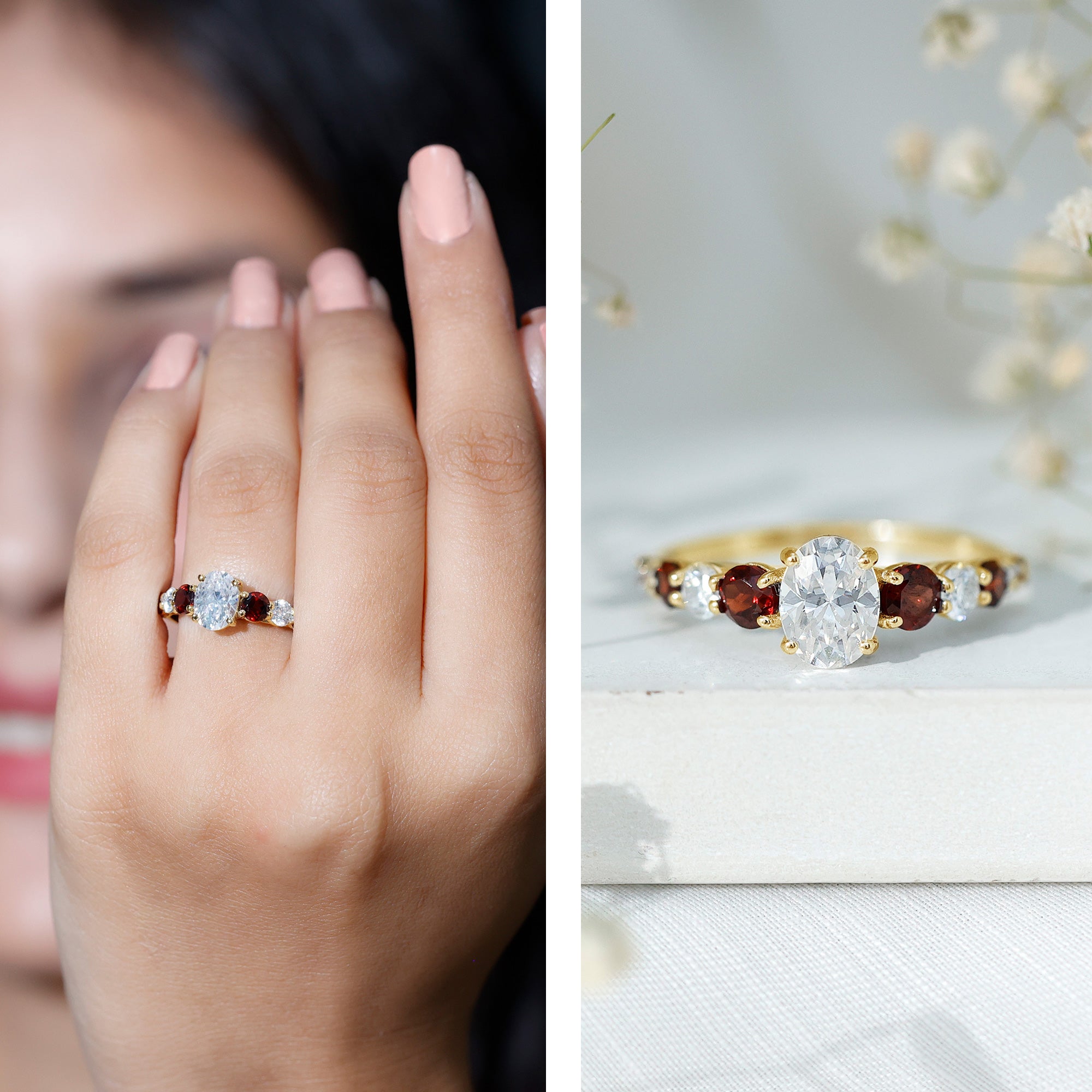 Moissanite 6X8 MM Oval Engagement Ring with Garnet D-VS1 - Rosec Jewels