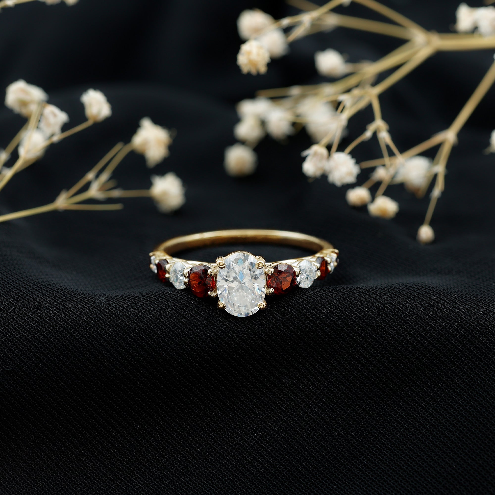 Moissanite 6X8 MM Oval Engagement Ring with Garnet D-VS1 - Rosec Jewels