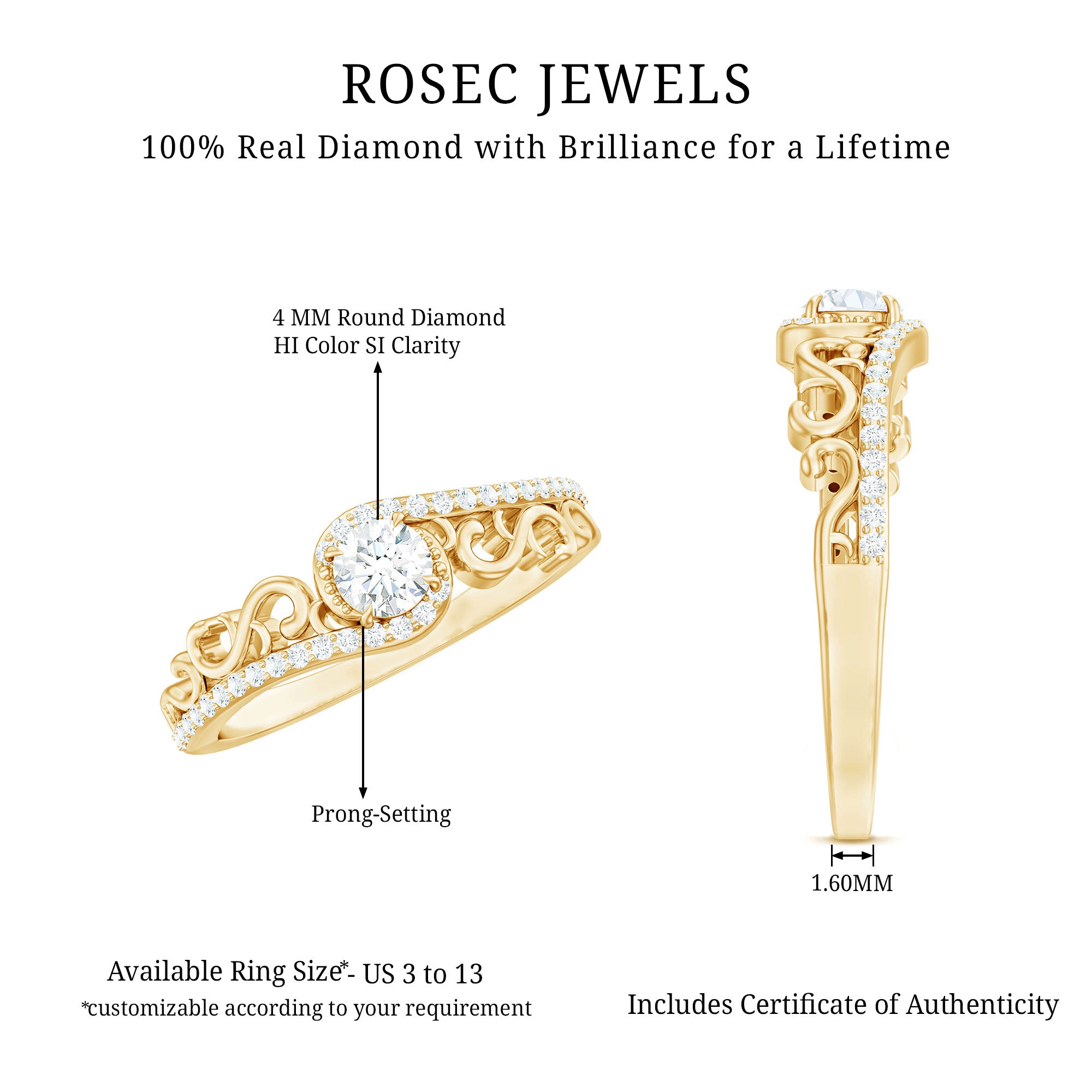 Vintage Style Diamond Engagement Ring with Bypass Shank Natural - ( HI-SI ) - Rosec Jewels