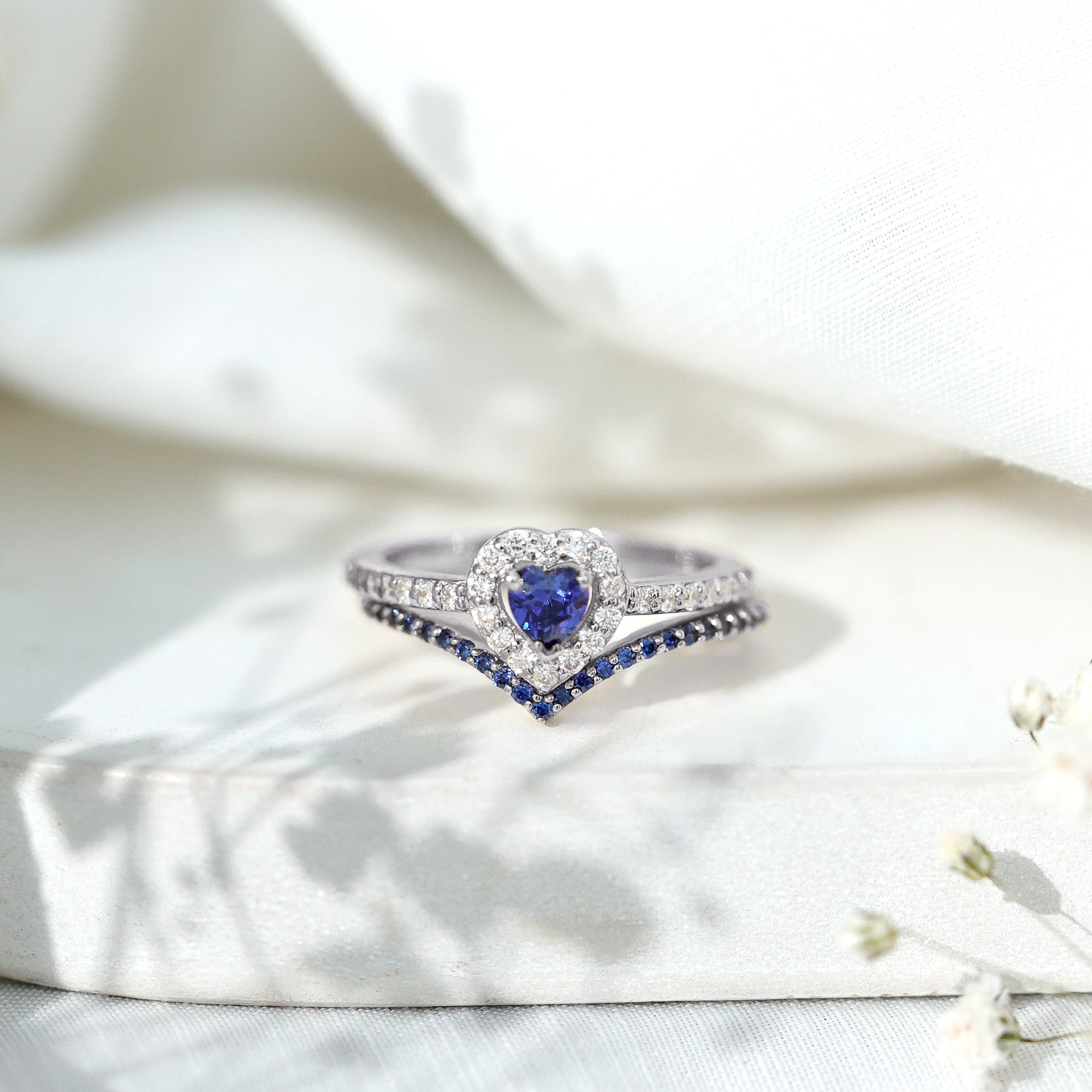 Certified Lab Grown Blue Sapphire Heart Engagement Ring Set with Real Diamond AAAA - Rosec Jewels