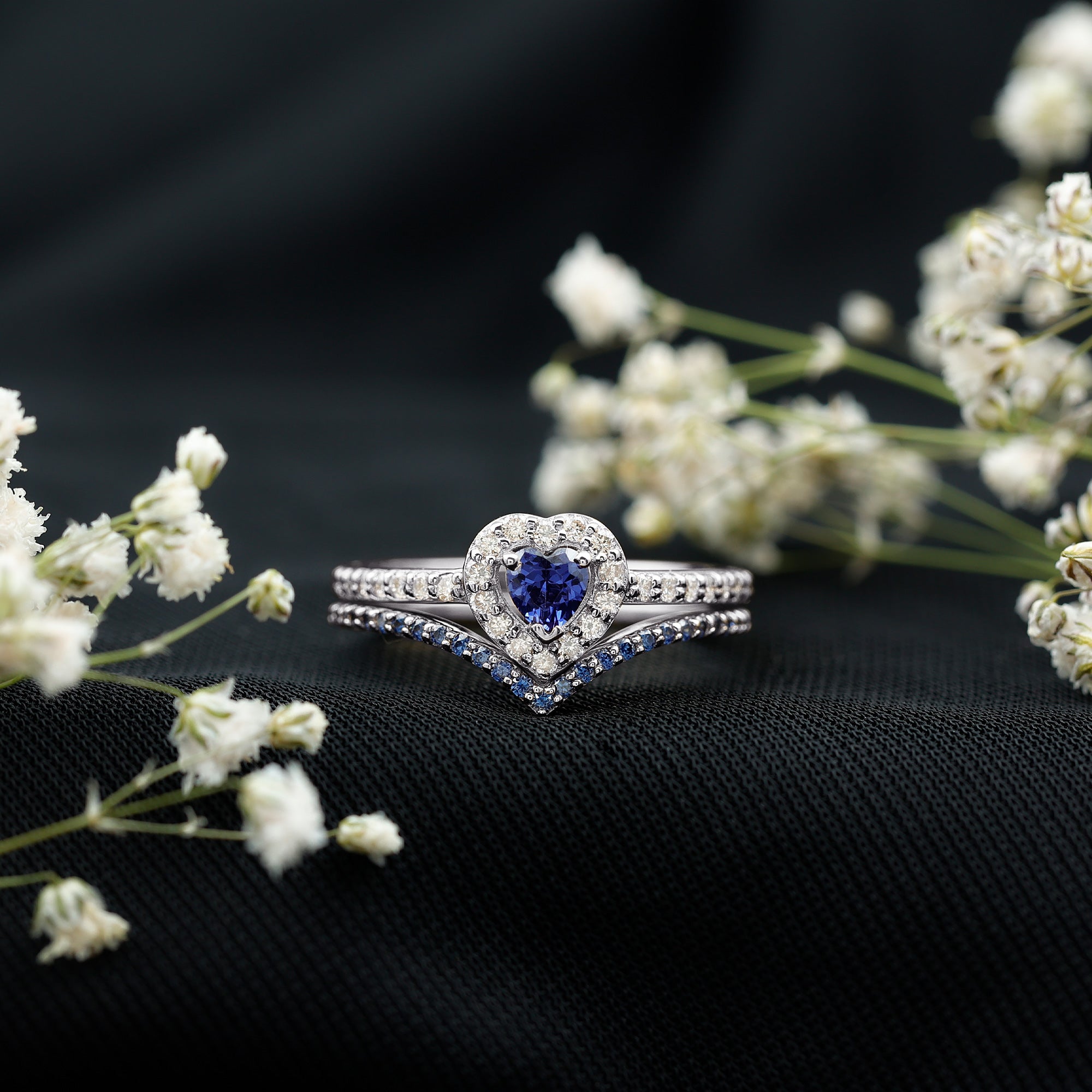 Certified Lab Grown Blue Sapphire Heart Engagement Ring Set with Real Diamond AAAA - Rosec Jewels