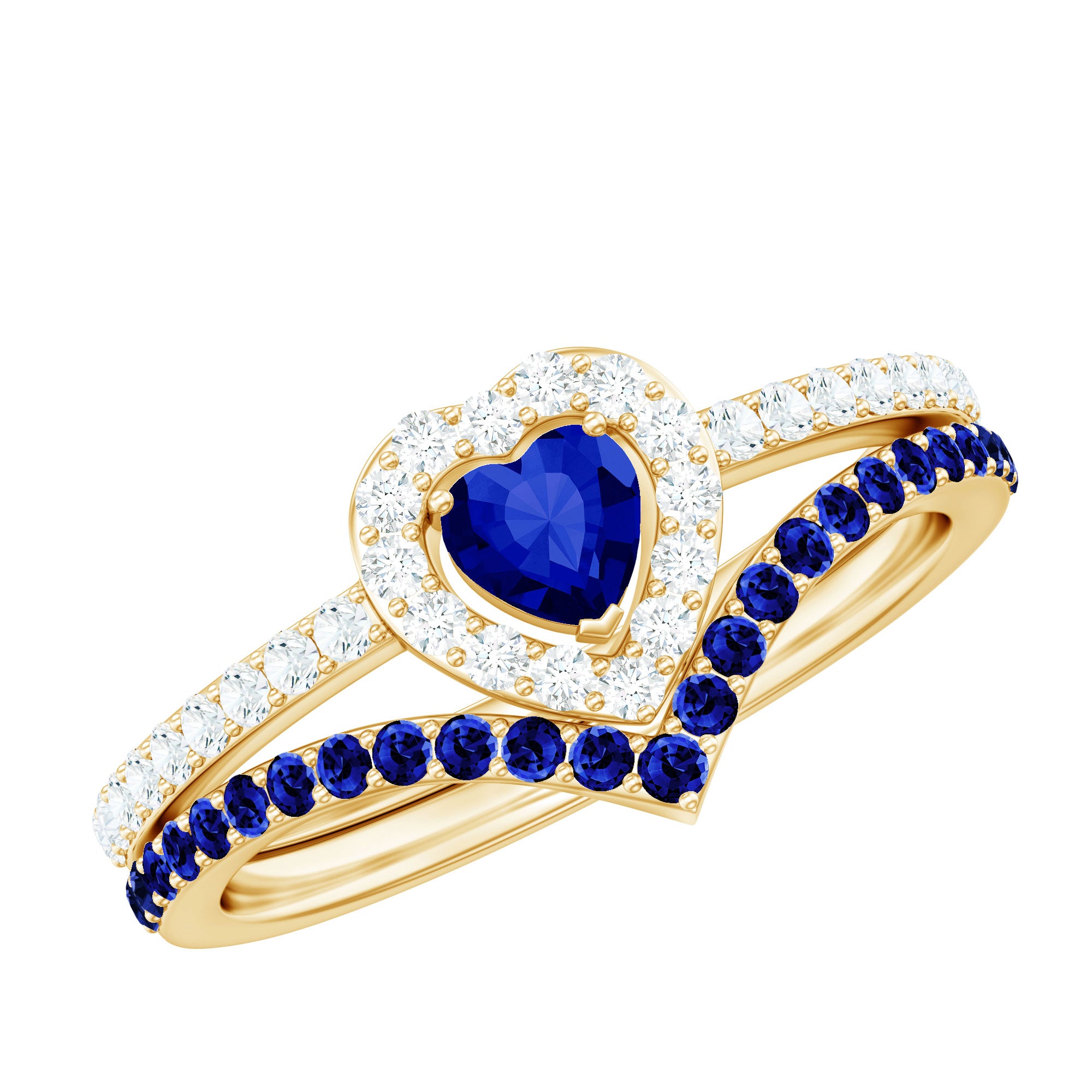 Certified Lab Grown Blue Sapphire Heart Engagement Ring Set with Real Diamond AAAA - Rosec Jewels