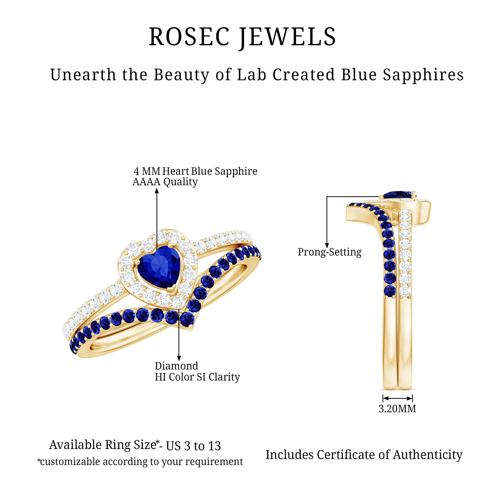 Certified Lab Grown Blue Sapphire Heart Engagement Ring Set with Real Diamond AAAA - Rosec Jewels
