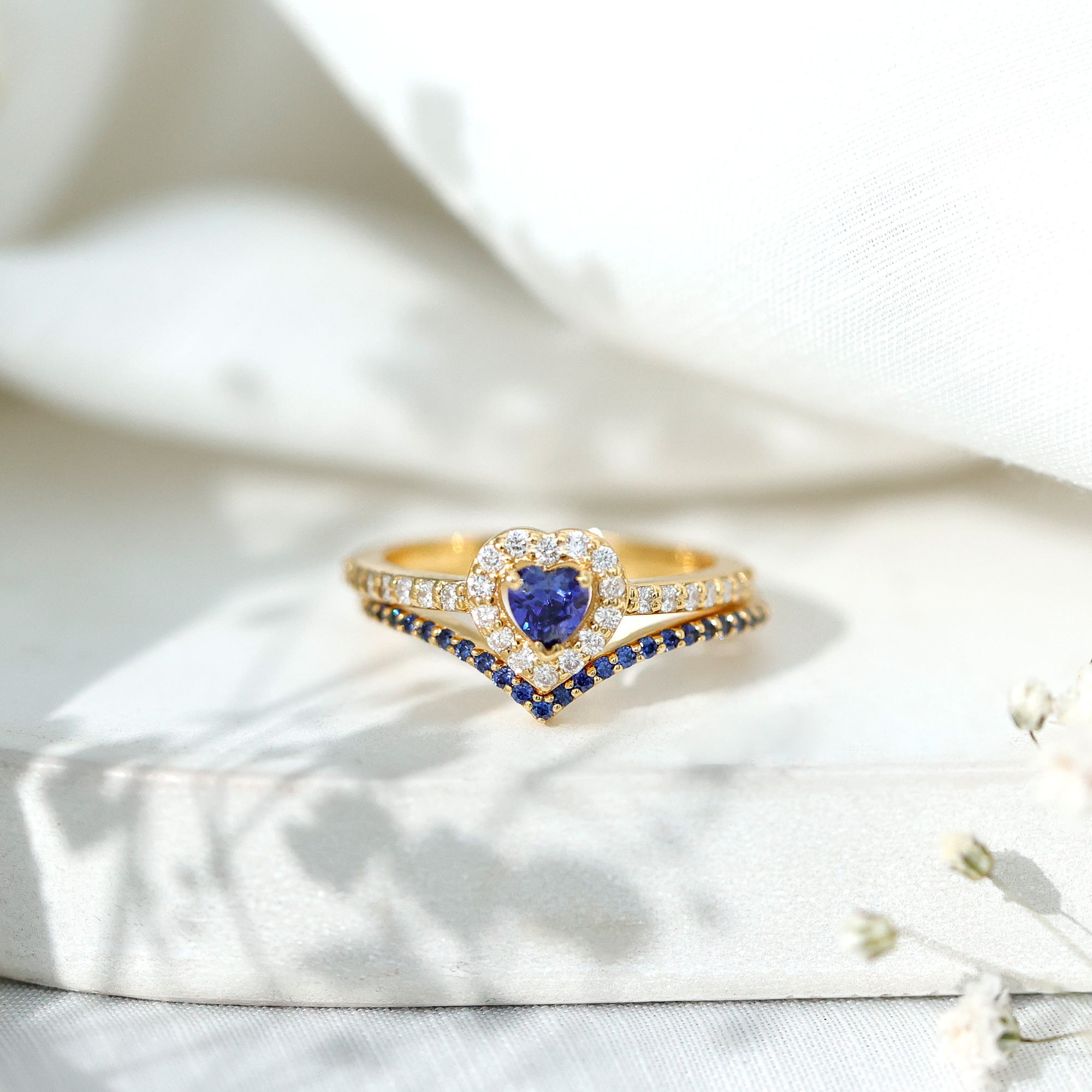 Certified Lab Grown Blue Sapphire Heart Engagement Ring Set with Real Diamond AAAA - Rosec Jewels