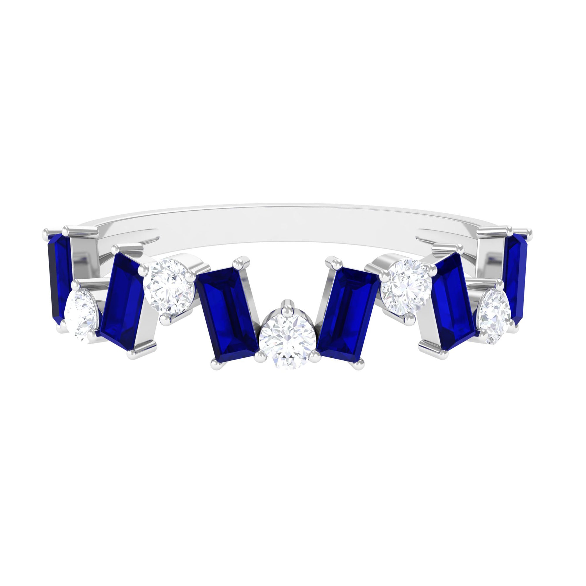 Genuine Baguette Blue Sapphire Half Eternity Ring with Diamond AAA - Rosec Jewels