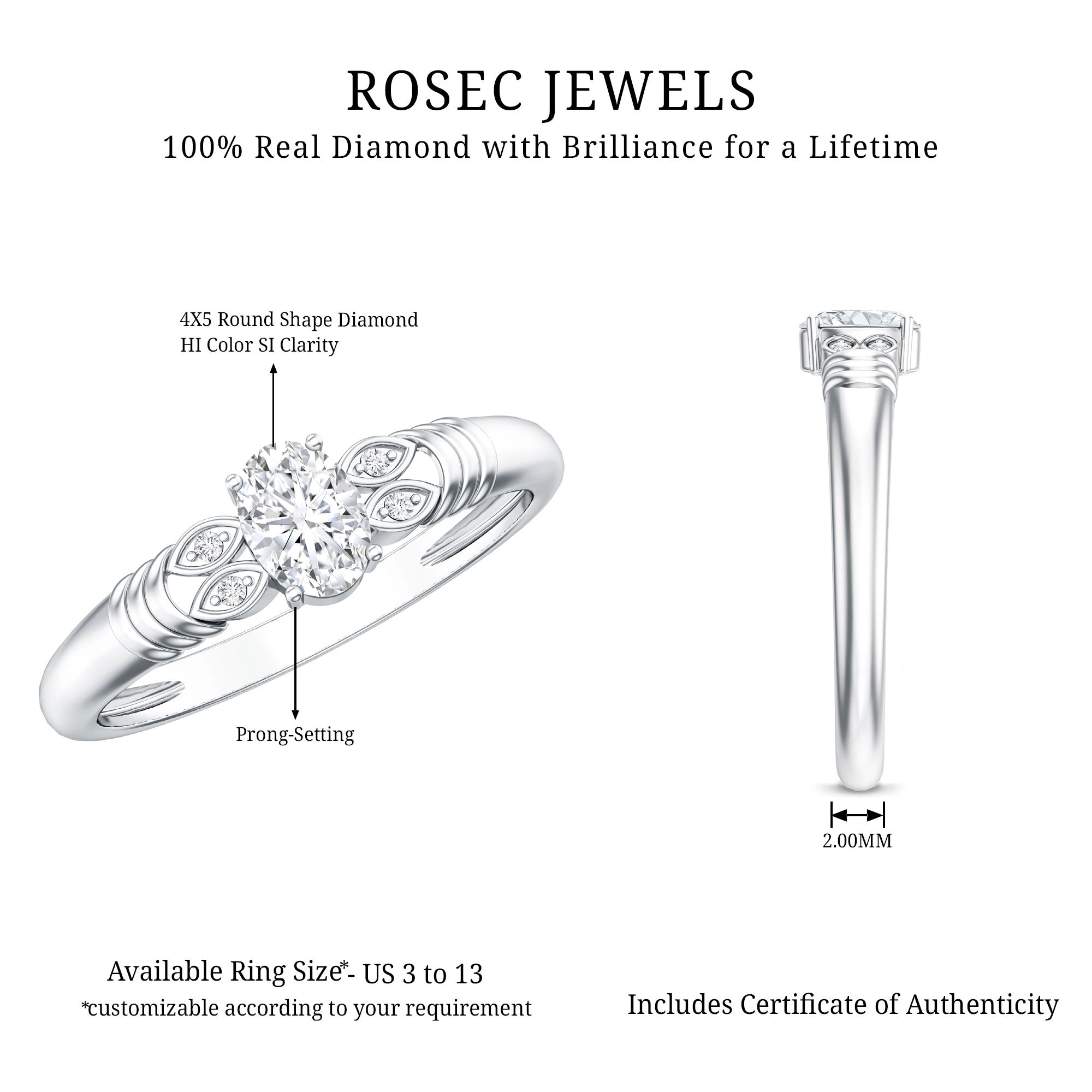 Natural Oval Cut Diamond Solitaire Engagement Ring Natural - ( HI-SI ) - Rosec Jewels