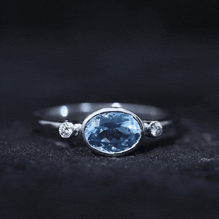 Bezel Set Aquamarine and Diamond East West Engagement Ring AAA - Rosec Jewels
