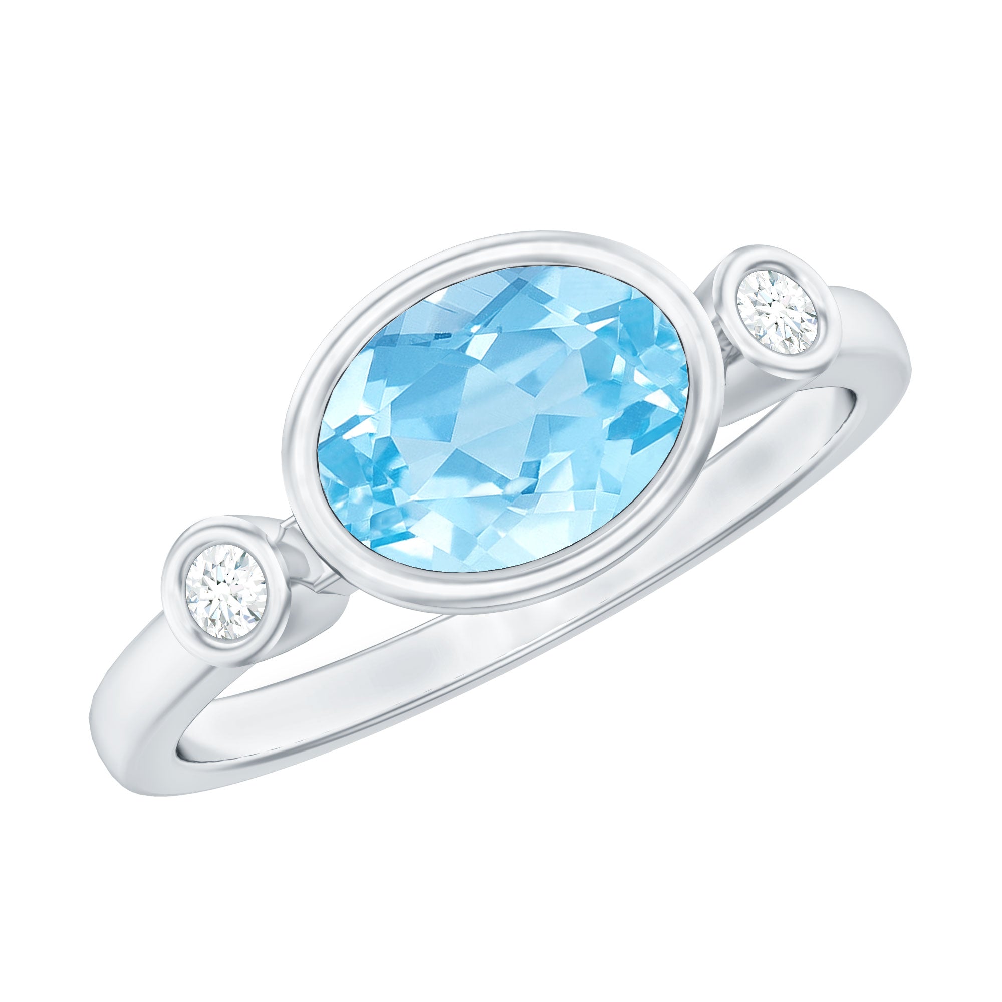 Bezel Set Aquamarine and Diamond East West Engagement Ring AAA - Rosec Jewels