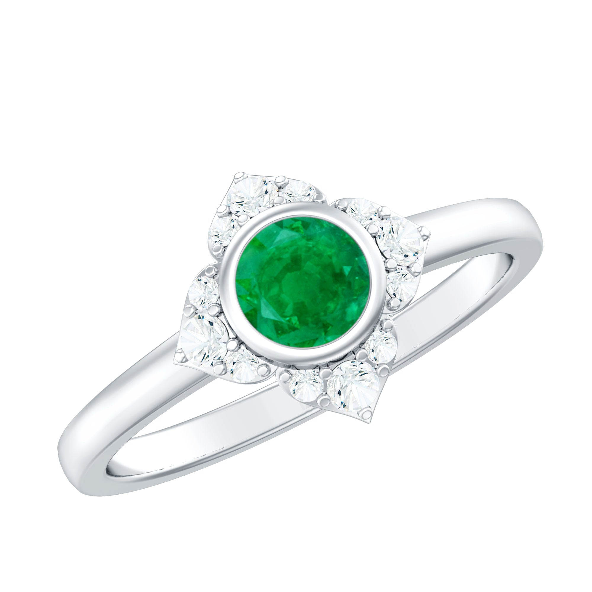 Natural Bezel Set 5mm Emerald Flower Engagement Ring with Diamond