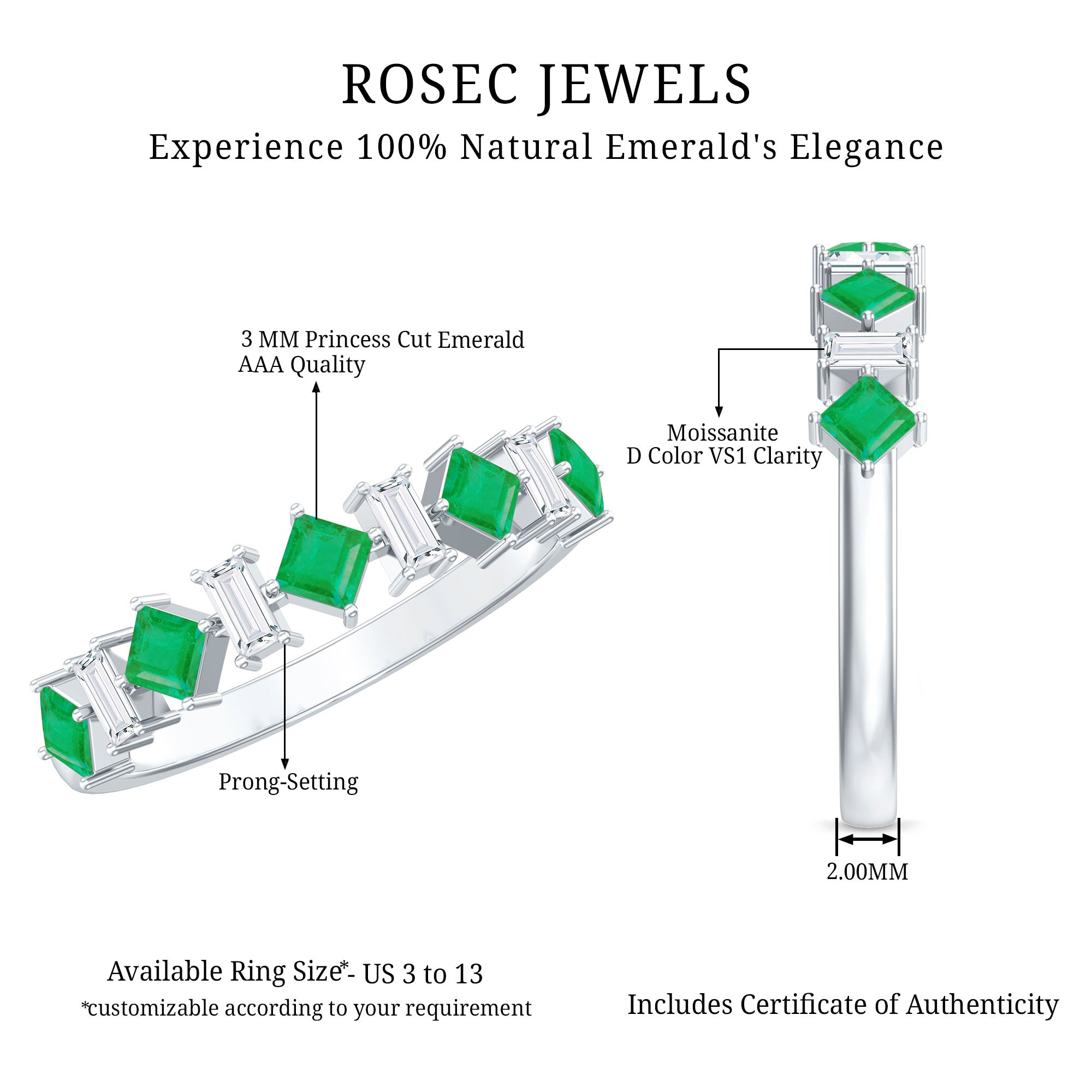 Certified Real Princess Cut Emerald Half Eternity Anniversary Ring AAA - Rosec Jewels