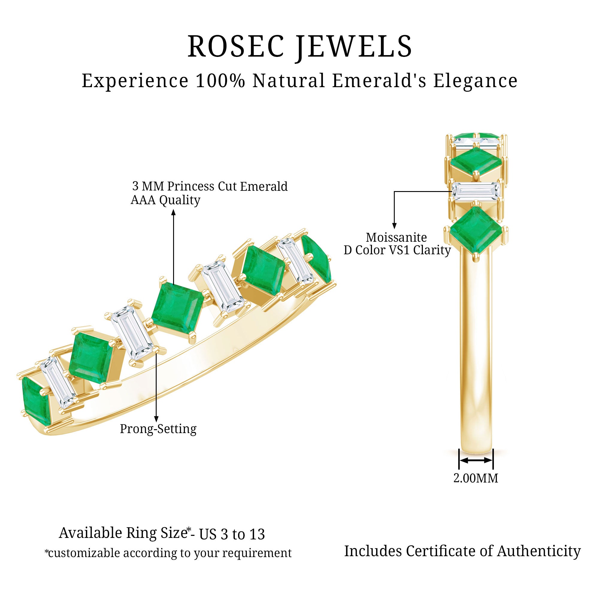 Certified Real Princess Cut Emerald Half Eternity Anniversary Ring AAA - Rosec Jewels