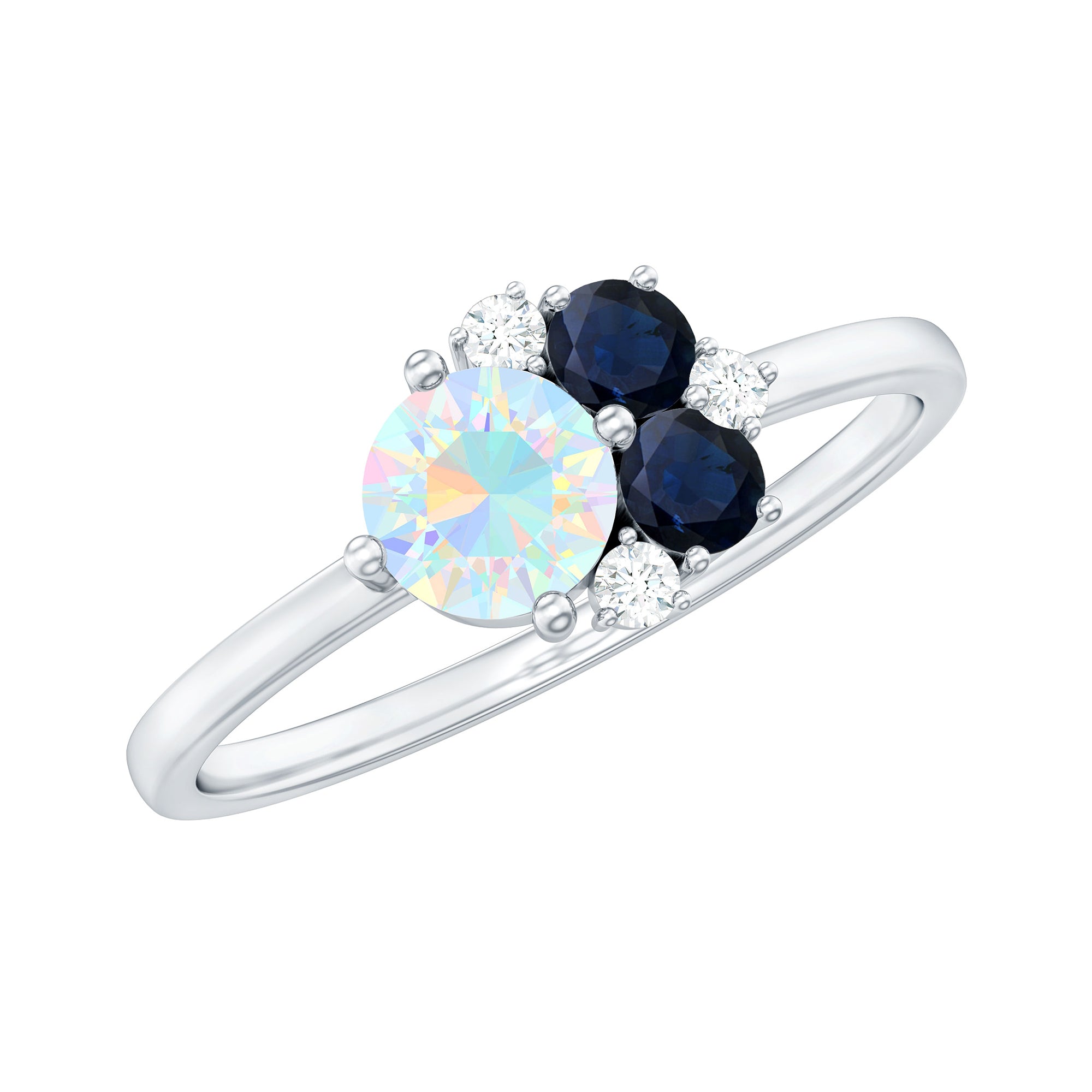 Genuine Ethiopian Opal and Sapphire Cluster Promise Ring with Moissanite