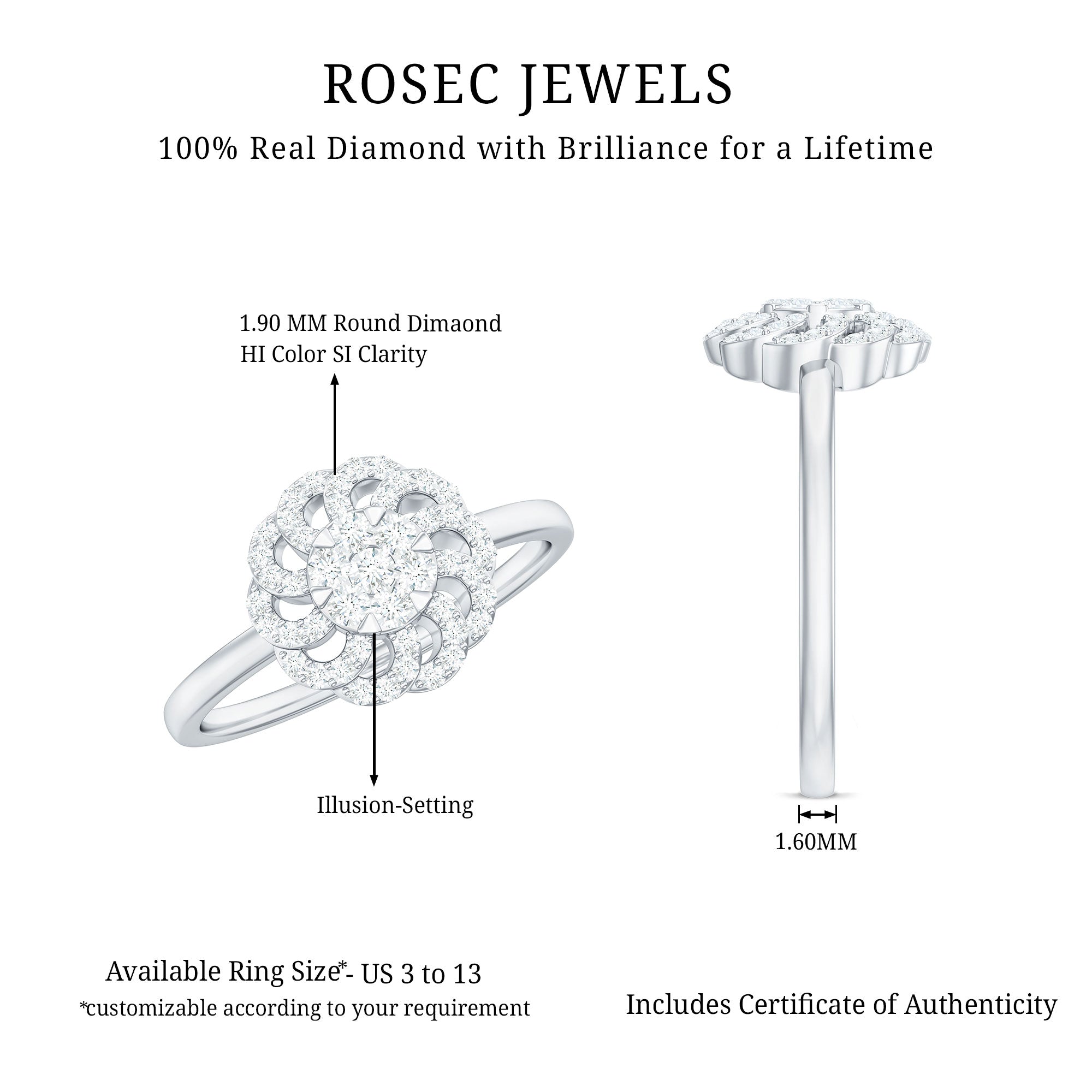 Certified Natural Diamond Flower Engagement Ring in Illusion Set Natural - ( HI-SI ) - Rosec Jewels