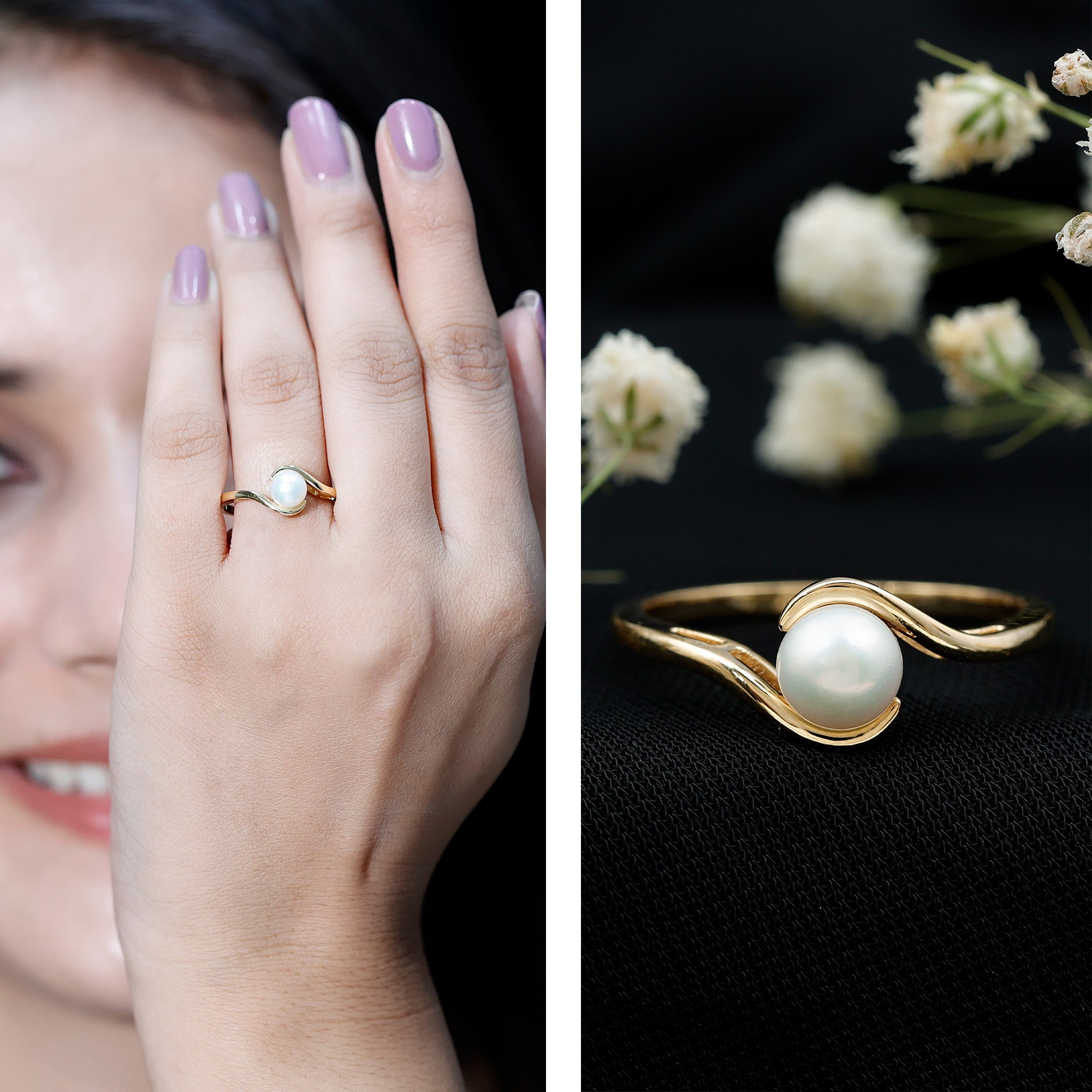 Cultured 2.2 Carat Freshwater Pearl Engagement Ring with Bypass Shank AAA - Rosec Jewels
