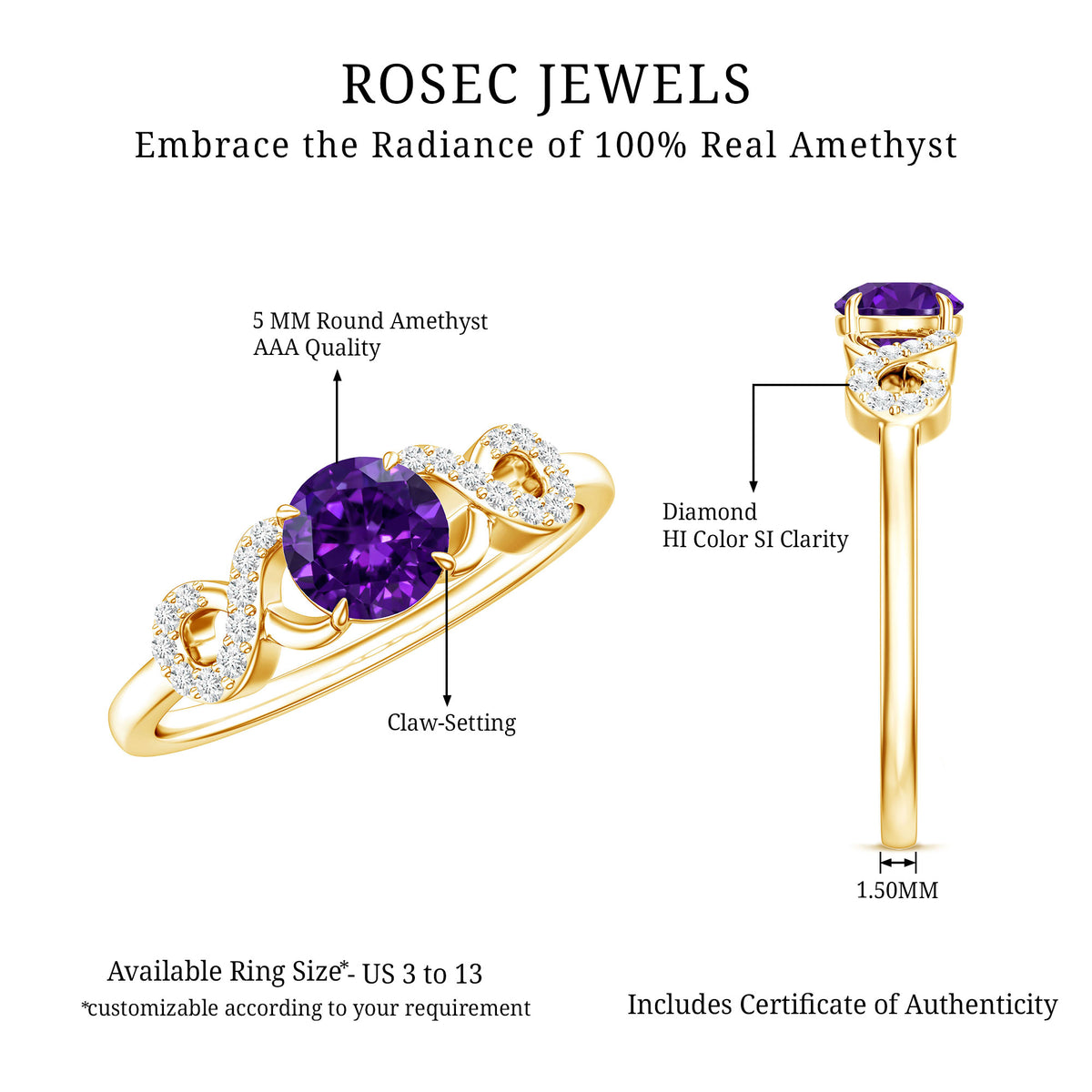 Natural Amethyst Engagement Ring with Diamond Infinity Knot AAA - Rosec Jewels