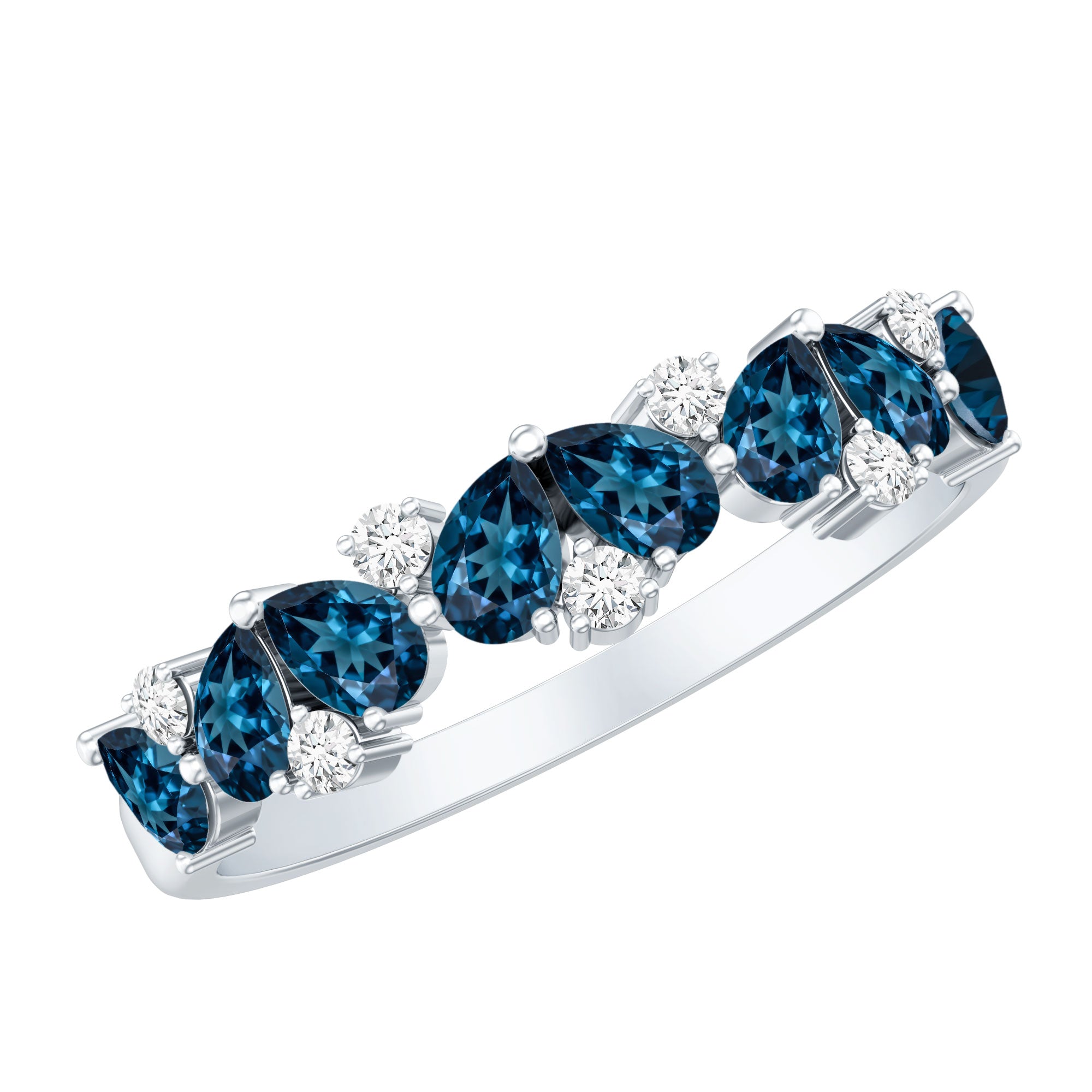 Pear Shape London Blue Topaz Half Eternity Band with Lab Made Diamond AAA - Rosec Jewels