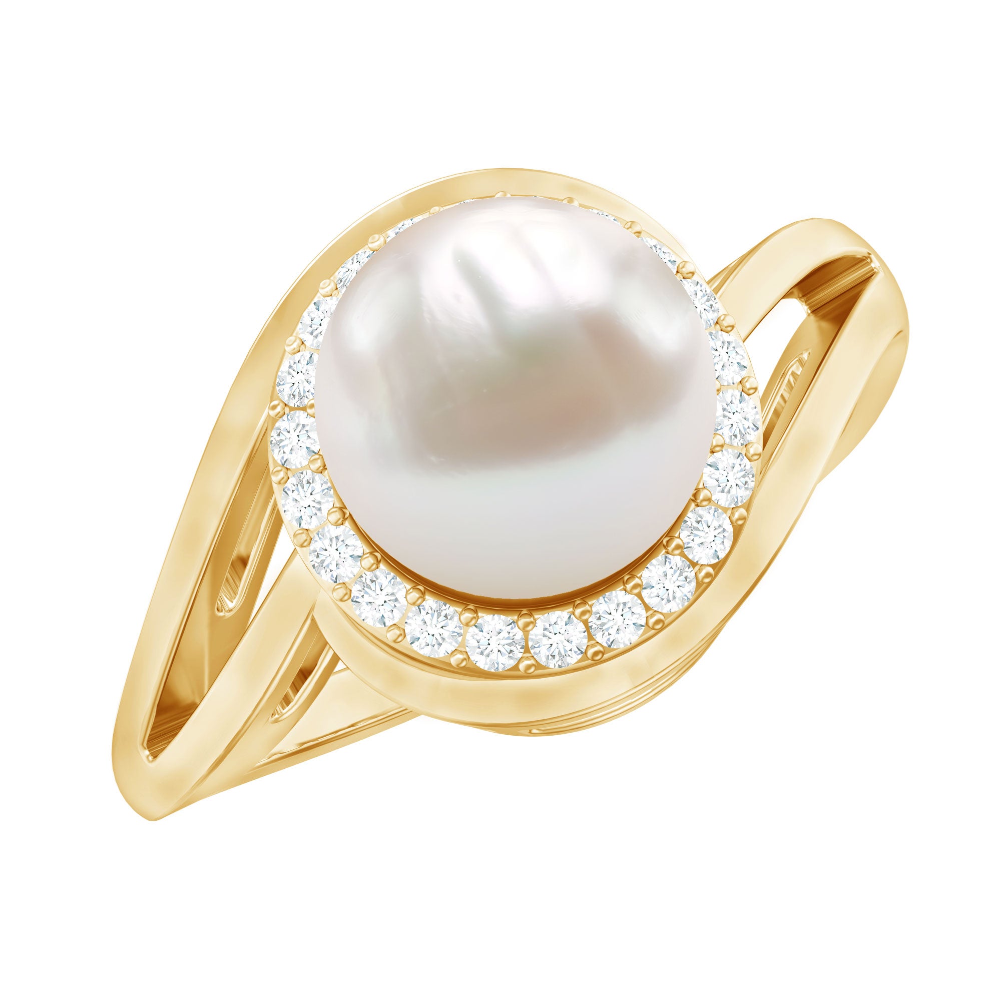 Rosec Jewels-Cultured White 7.4 Carat Freshwater Pearl Diamond Engagement Ring with Bypass Shank