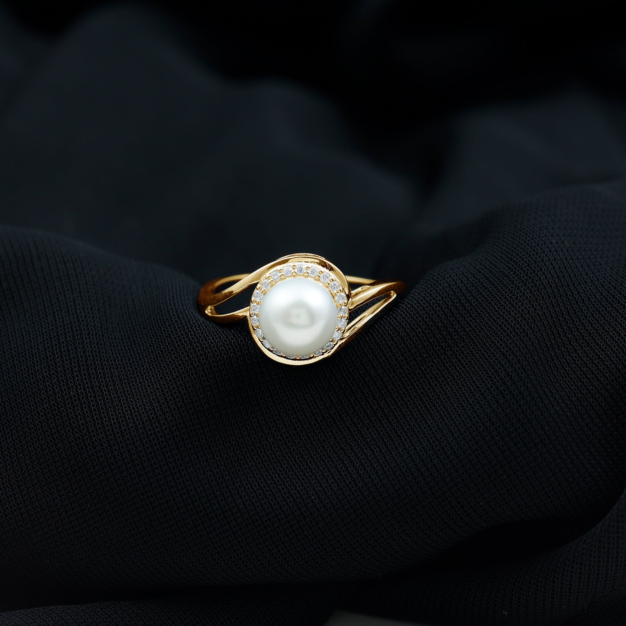 Rosec Jewels-Cultured White 7.4 Carat Freshwater Pearl Diamond Engagement Ring with Bypass Shank