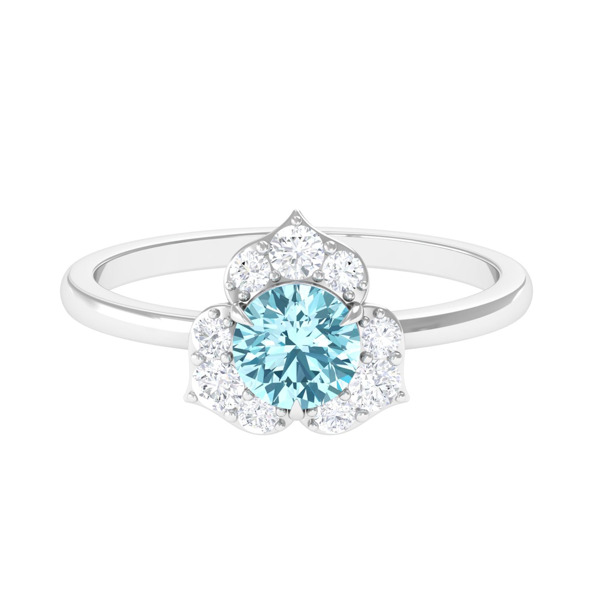 Real Round Aquamarine and Diamond Flower Engagement Ring with Certificate AAA - Rosec Jewels