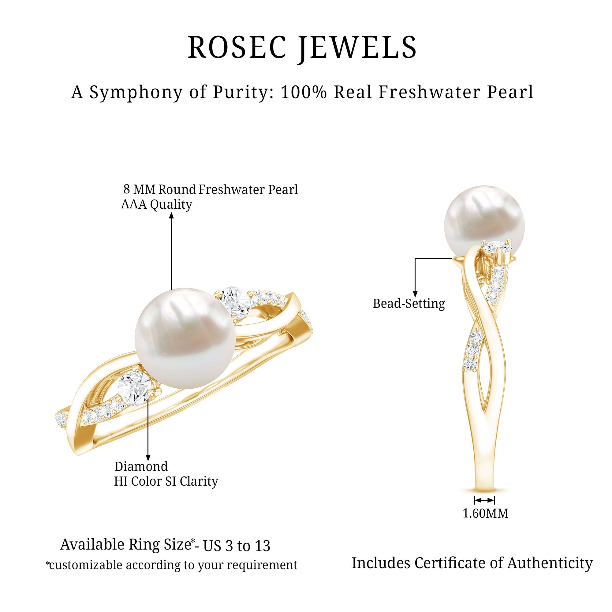 Rosec Jewels-Genuine 7.4 Carat Freshwater Pearl Engagement Ring with Diamond Crossover Shank