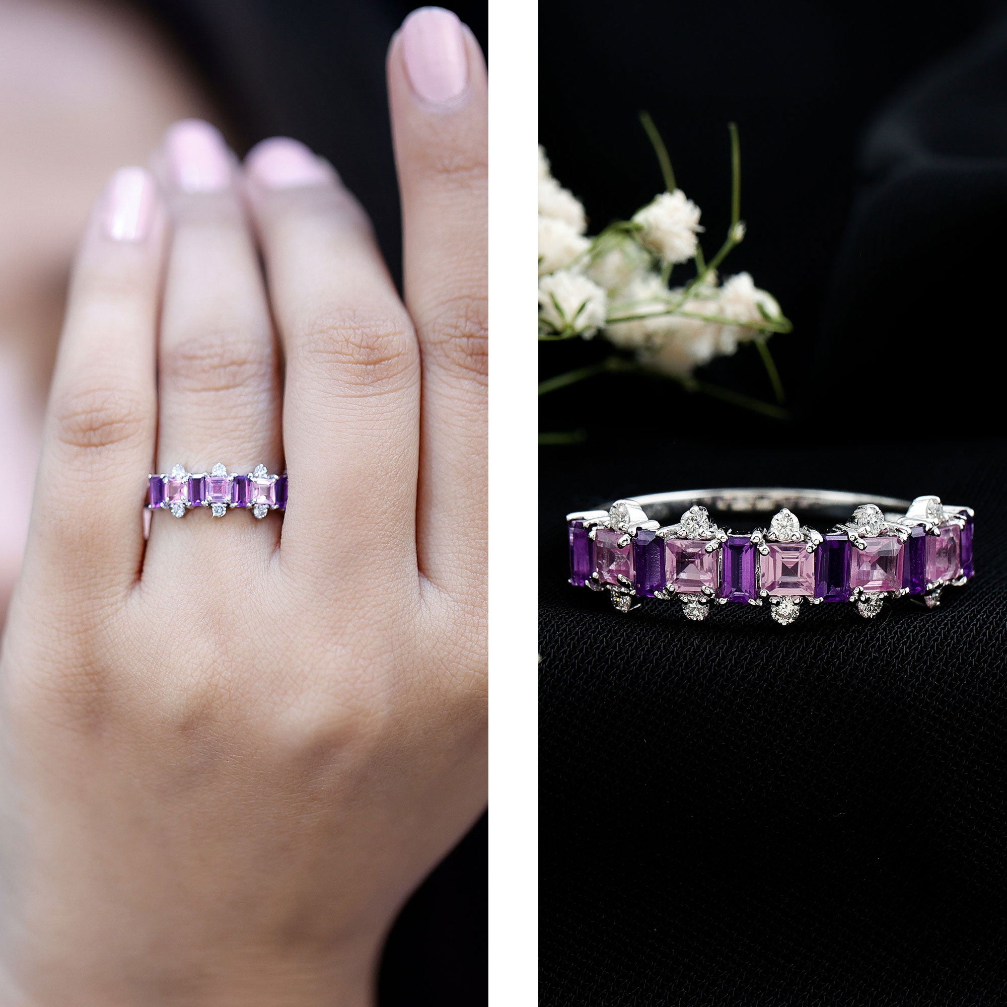 Lab Created Pink Sapphire and Amethyst Half Eternity Band with Diamond AAAA - Rosec Jewels