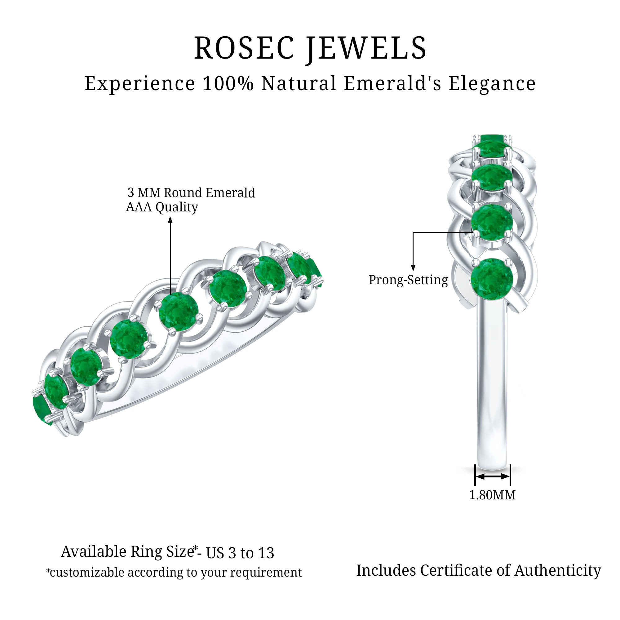 Genuine Green Emerald Braided Half Eternity Band AAA - Rosec Jewels