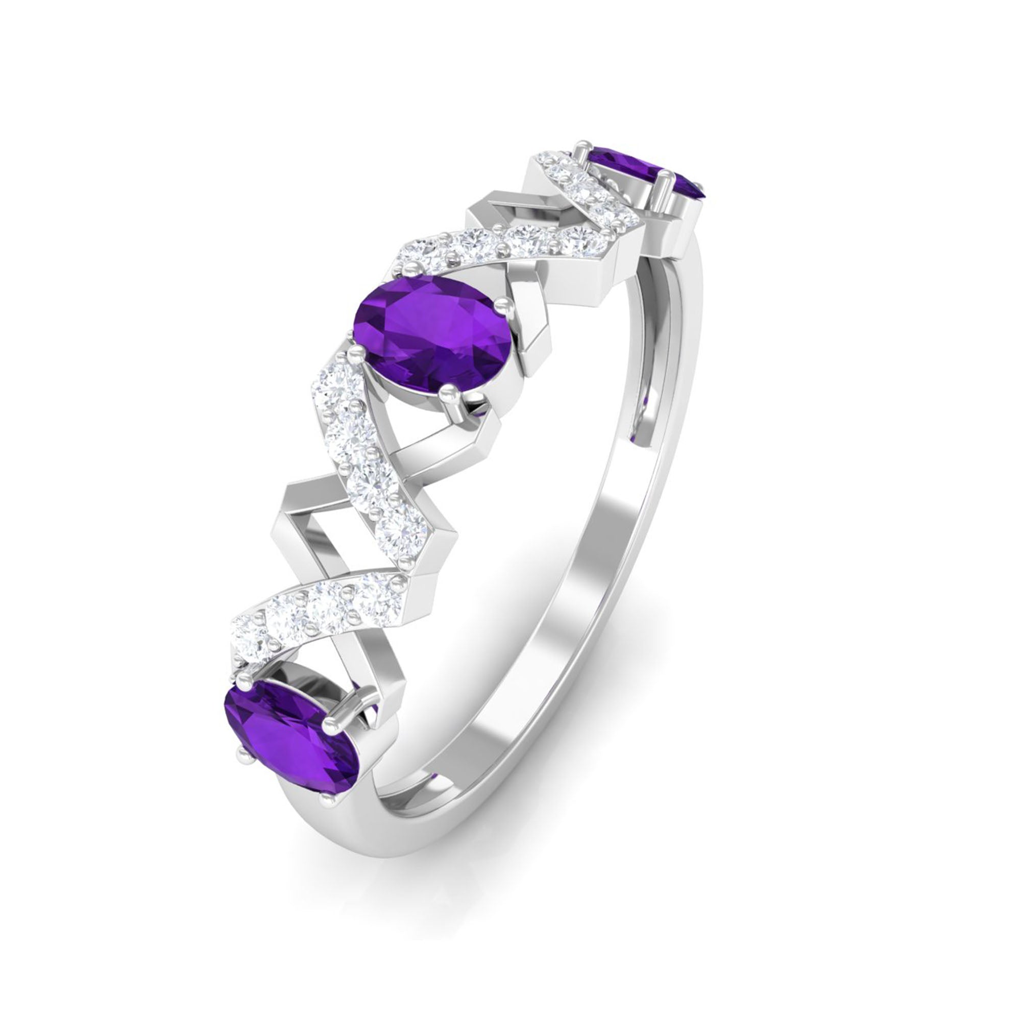 Natural Oval Amethyst Half Eternity Ring with Diamond AAA - Rosec Jewels