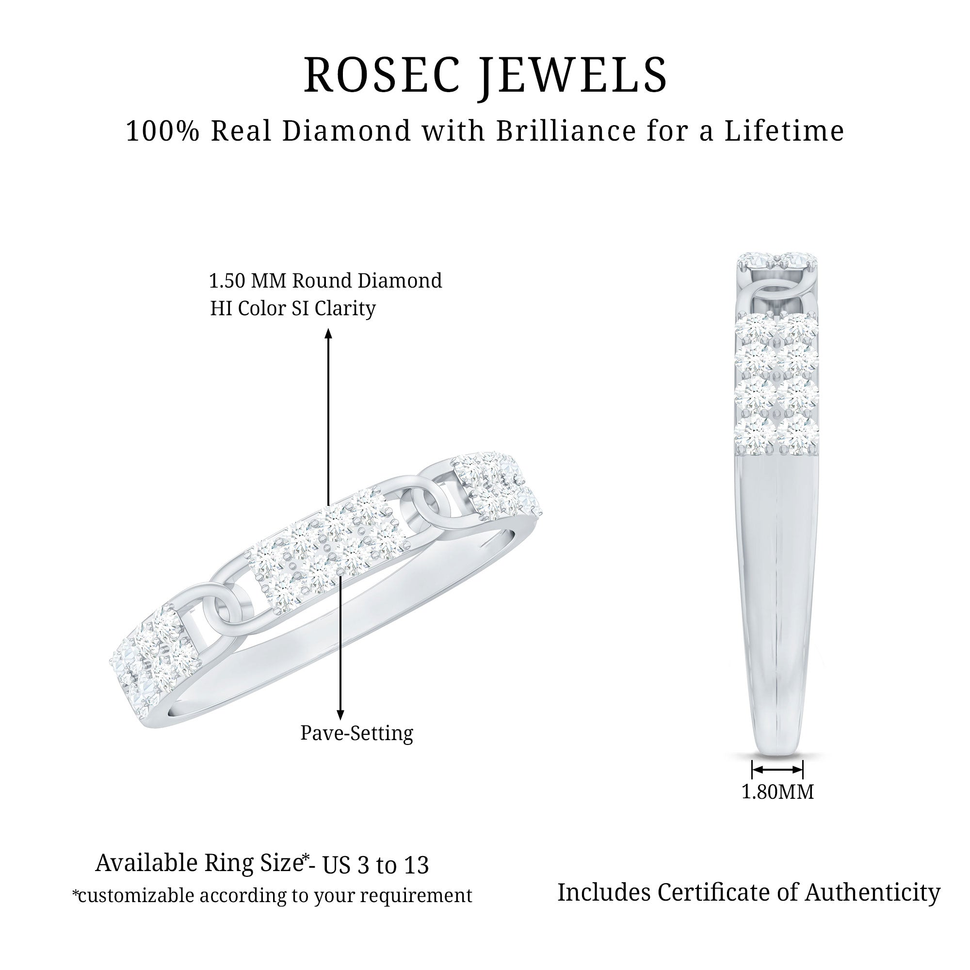 Certified Natural Diamond Interlock Half Eternity Band Ring Natural - ( HI-SI ) - Rosec Jewels