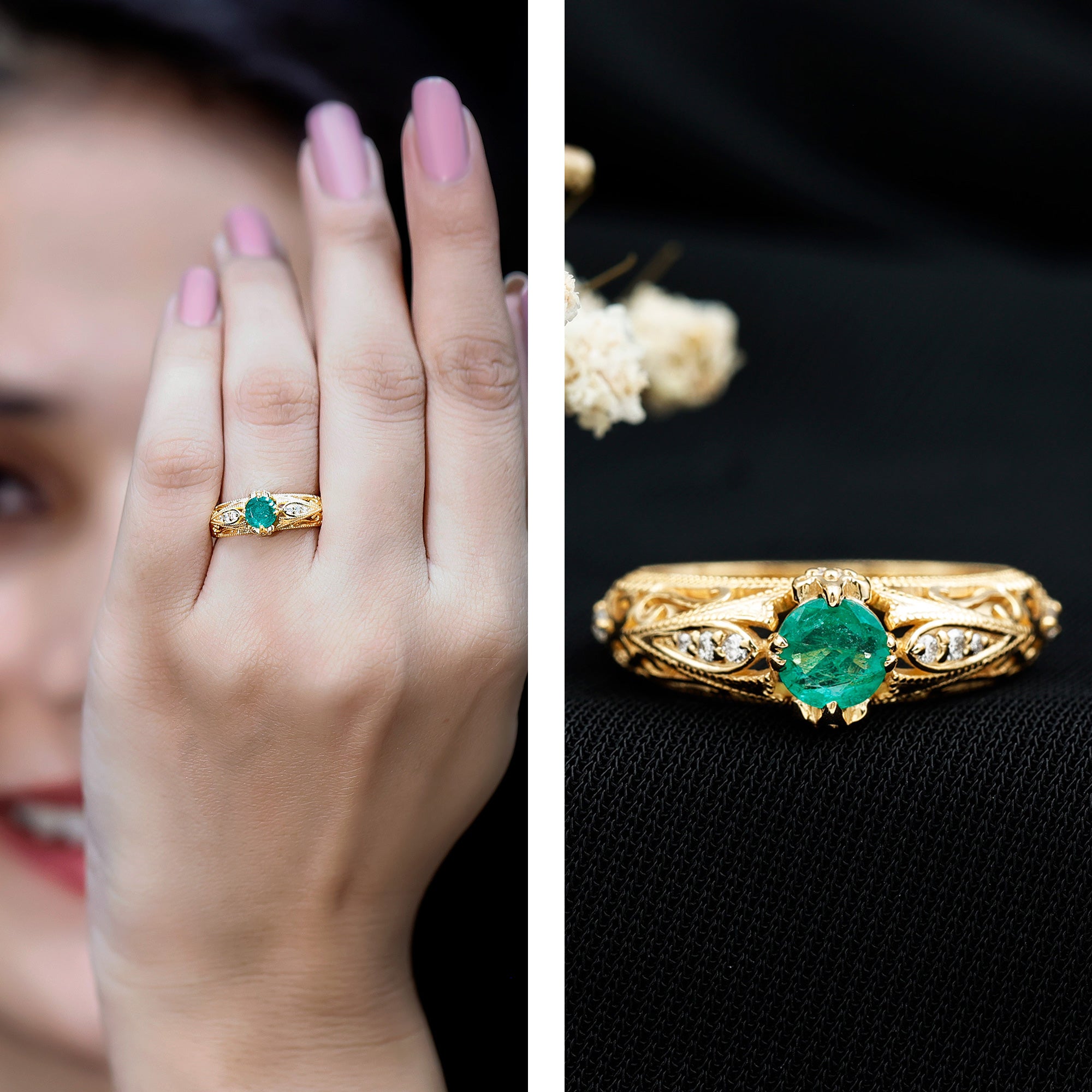 Natural Emerald Diamond Antique Looking Engagement Ring AAA - Rosec Jewels