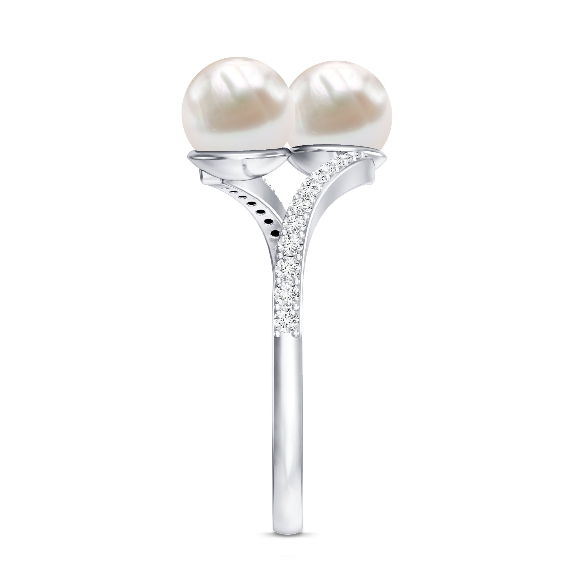 Rosec Jewels-Natural Freshwater Pearl 2 Stone Engagement Ring with Diamond