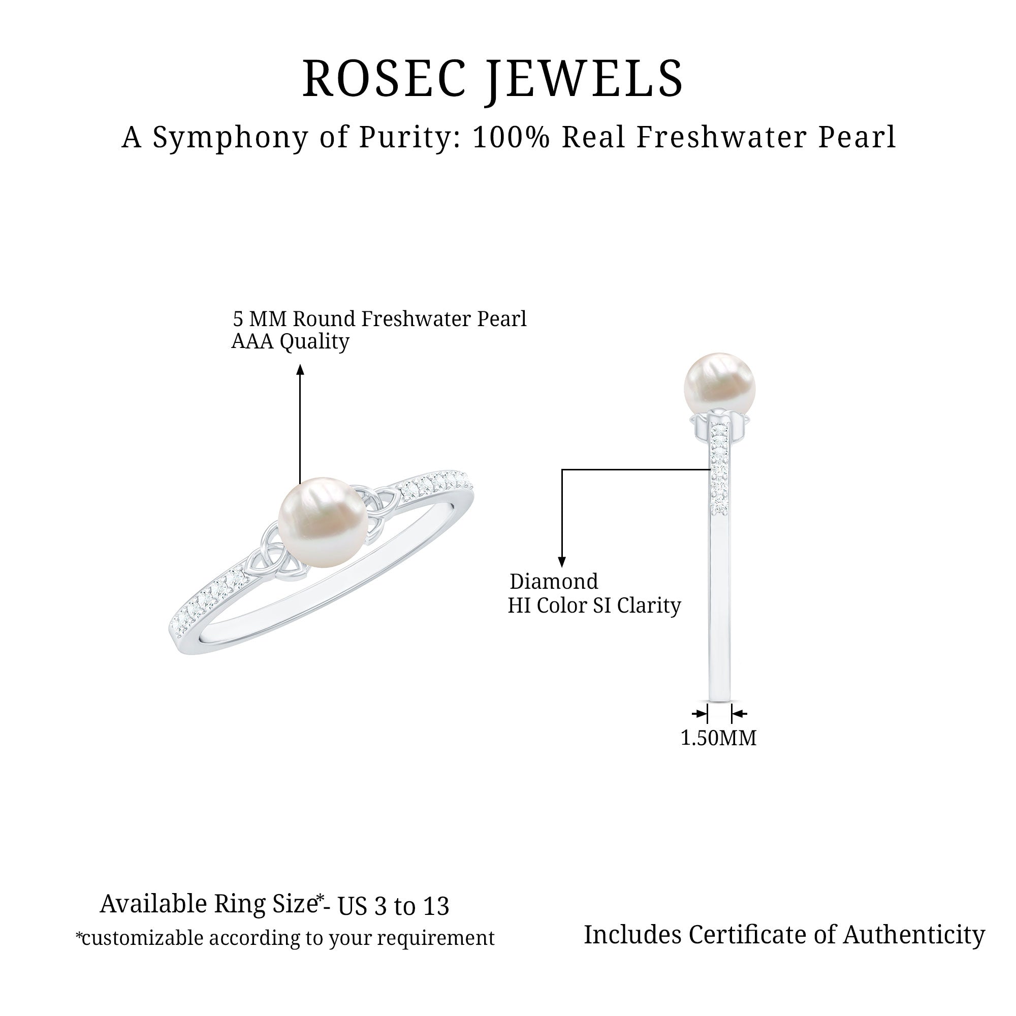 Cultured 2 Carat Freshwater Pearl Diamond Promise Ring with Celtic Knot AAA - Rosec Jewels