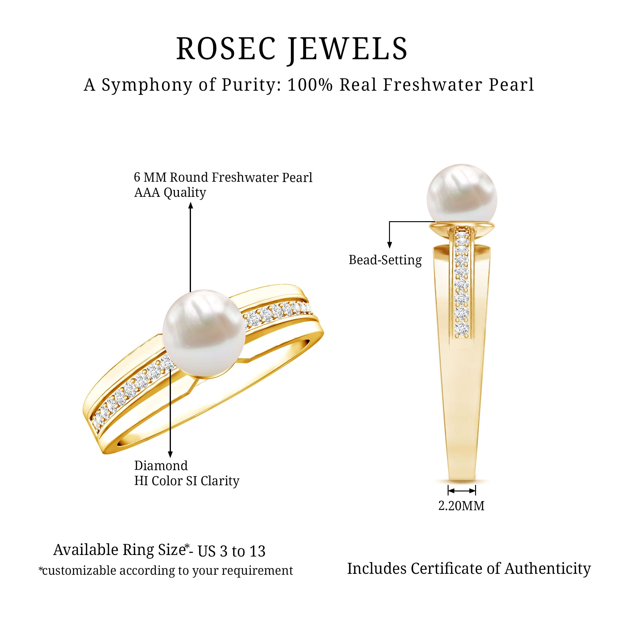 2 Carat Freshwater Pearl Engagement Ring with Diamond for Women AAA - Rosec Jewels