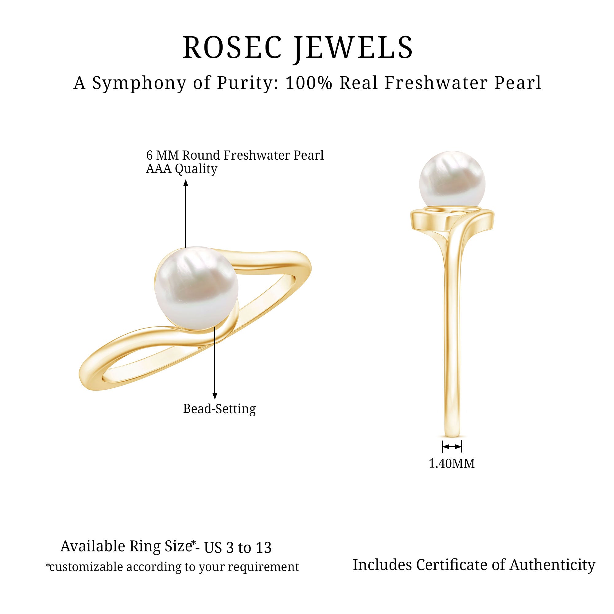 2 Carat Solitaire Freshwater White Pearl Bypass Engagement Ring for Women AAA - Rosec Jewels