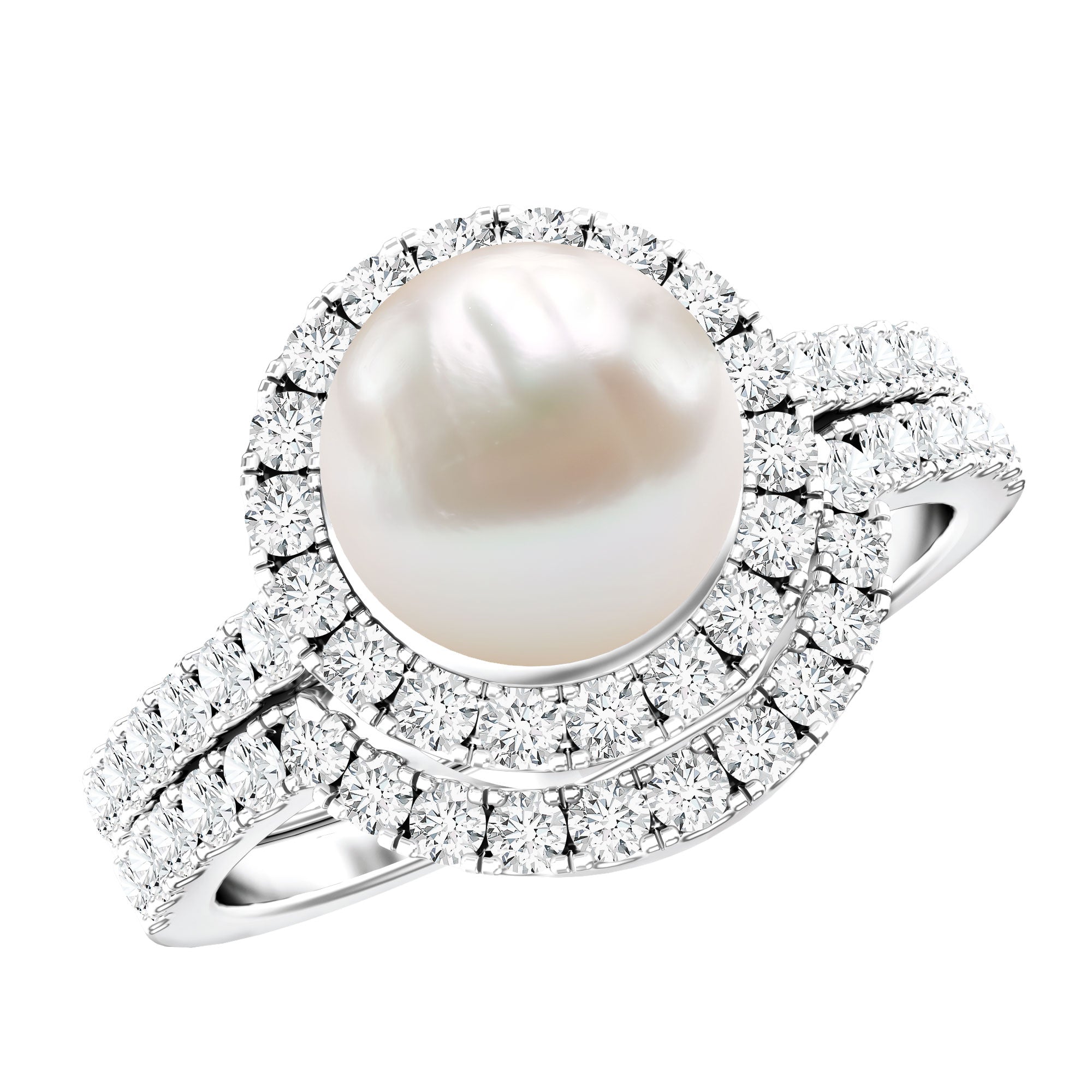 Freshwater Pearl and Diamond Halo Wedding Ring Set