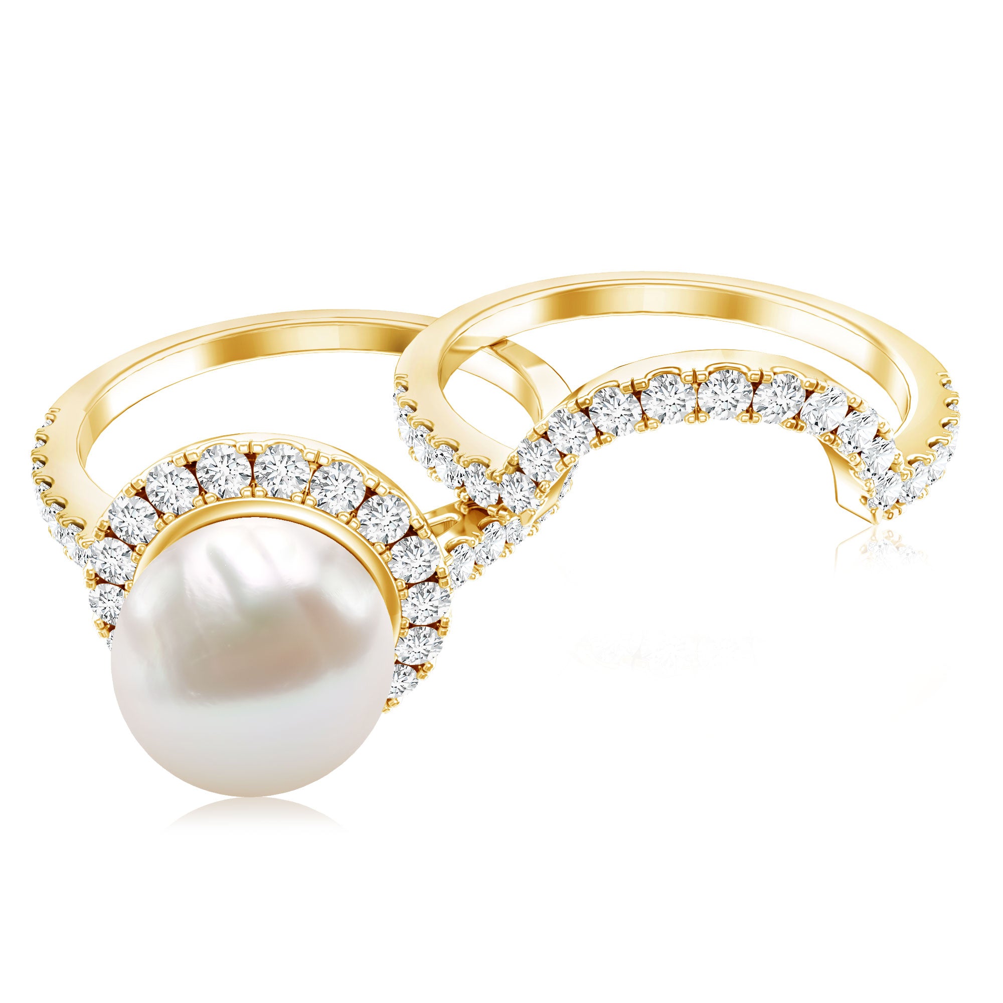 Rosec Jewels-Cultured 7 mm Freshwater Pearl Engagement Ring with Diamond Wedding Band