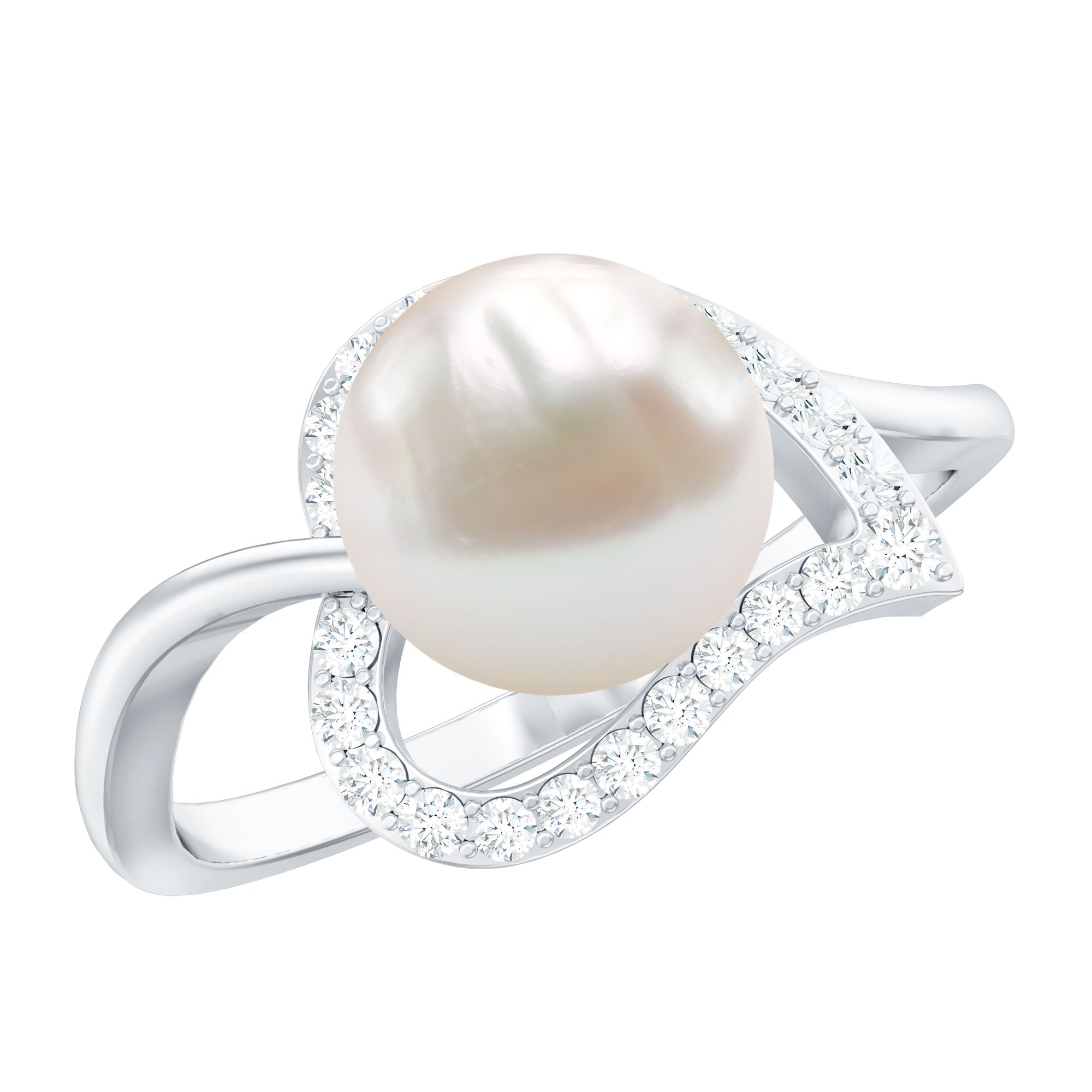 Rosec Jewels-Cultured Freshwater Pearl Promise Ring with Diamond Leaf