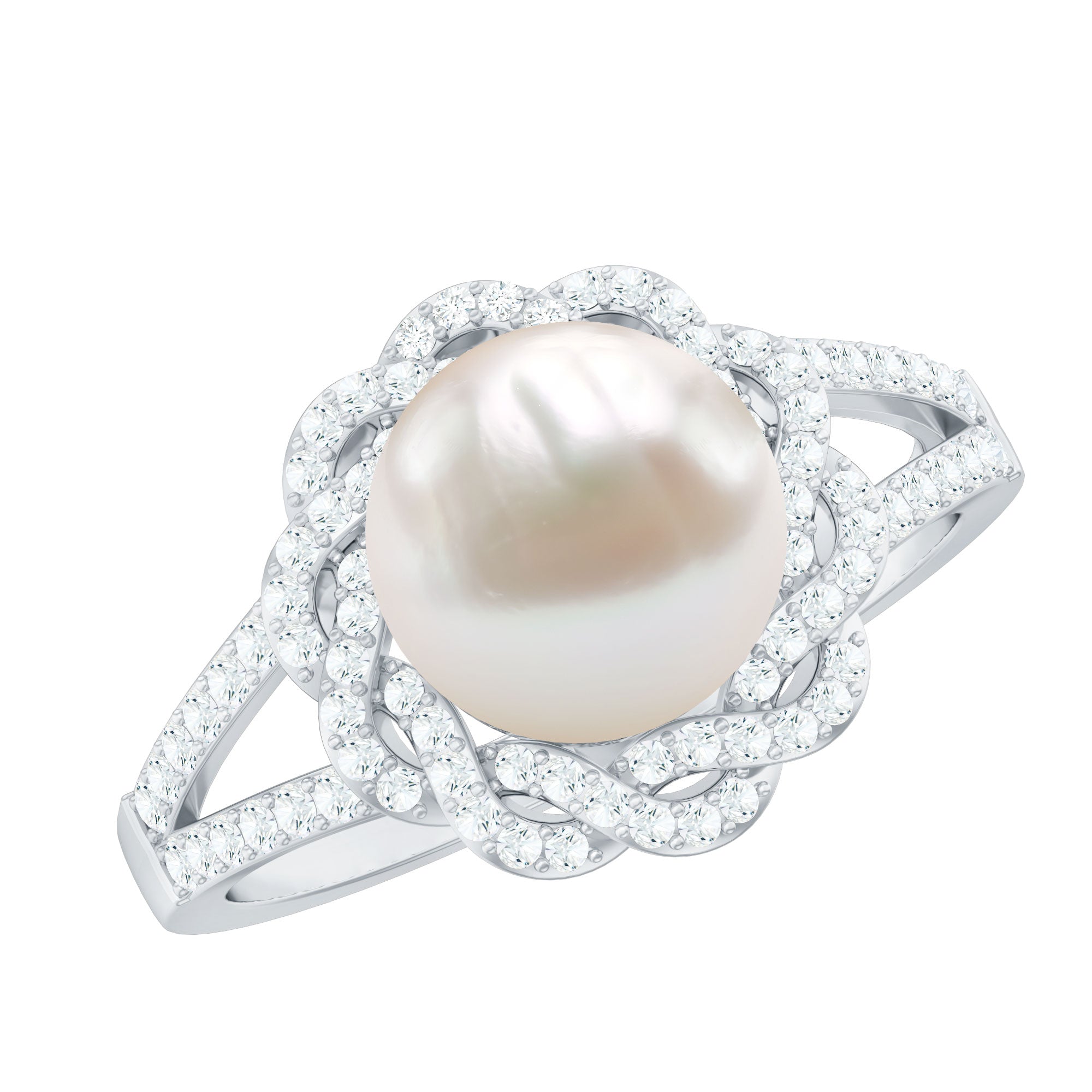 Rosec Jewels-Split Shank Freshwater Pearl and Diamond Braided Statement Ring