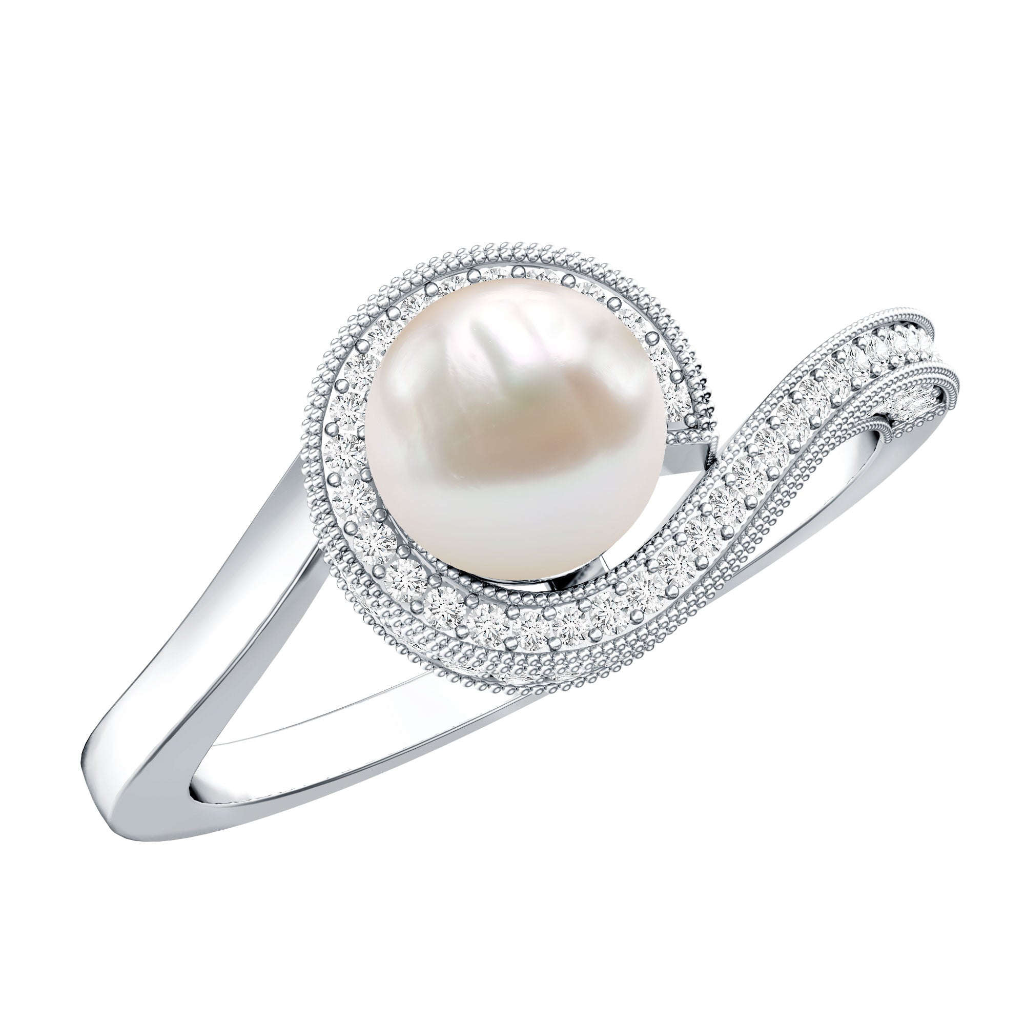 2 Carat Freshwater Pearl Bypass Engagement Ring with Diamond AAA - Rosec Jewels