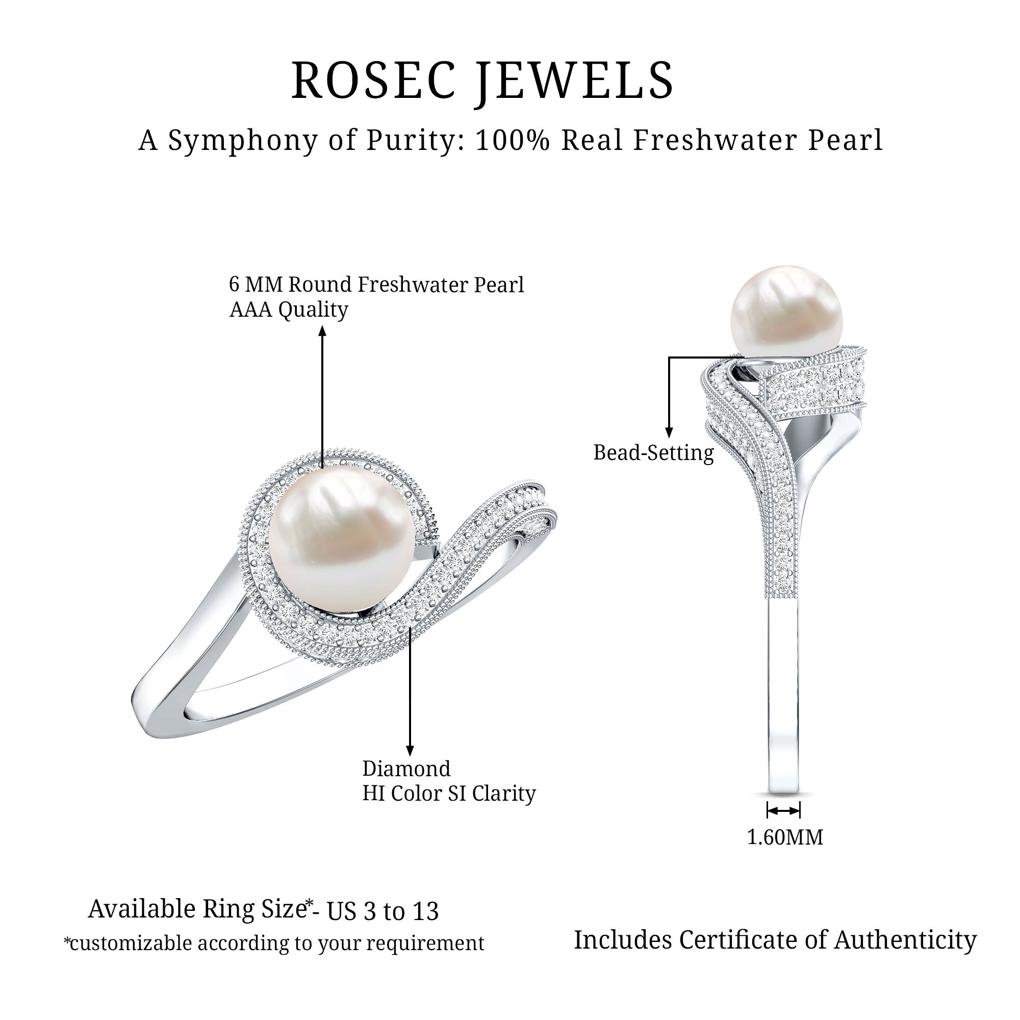2 Carat Freshwater Pearl Bypass Engagement Ring with Diamond AAA - Rosec Jewels